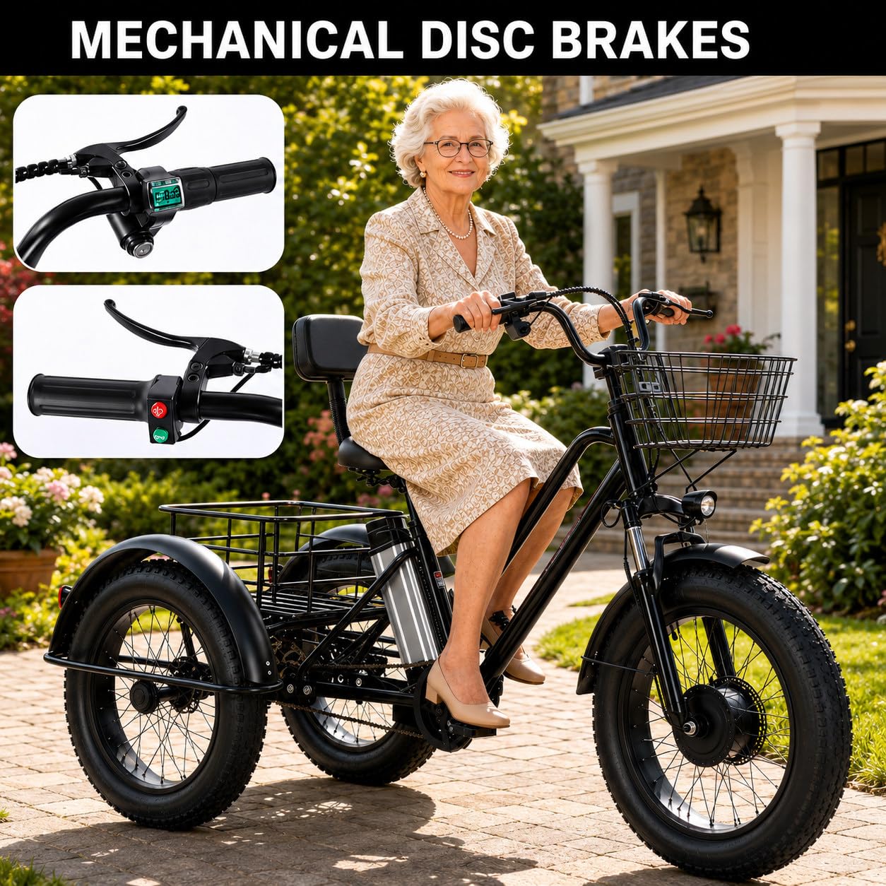 Triciclo Elettrico per Adulti 20" Ebike 3 Ruote con Gomme Fat