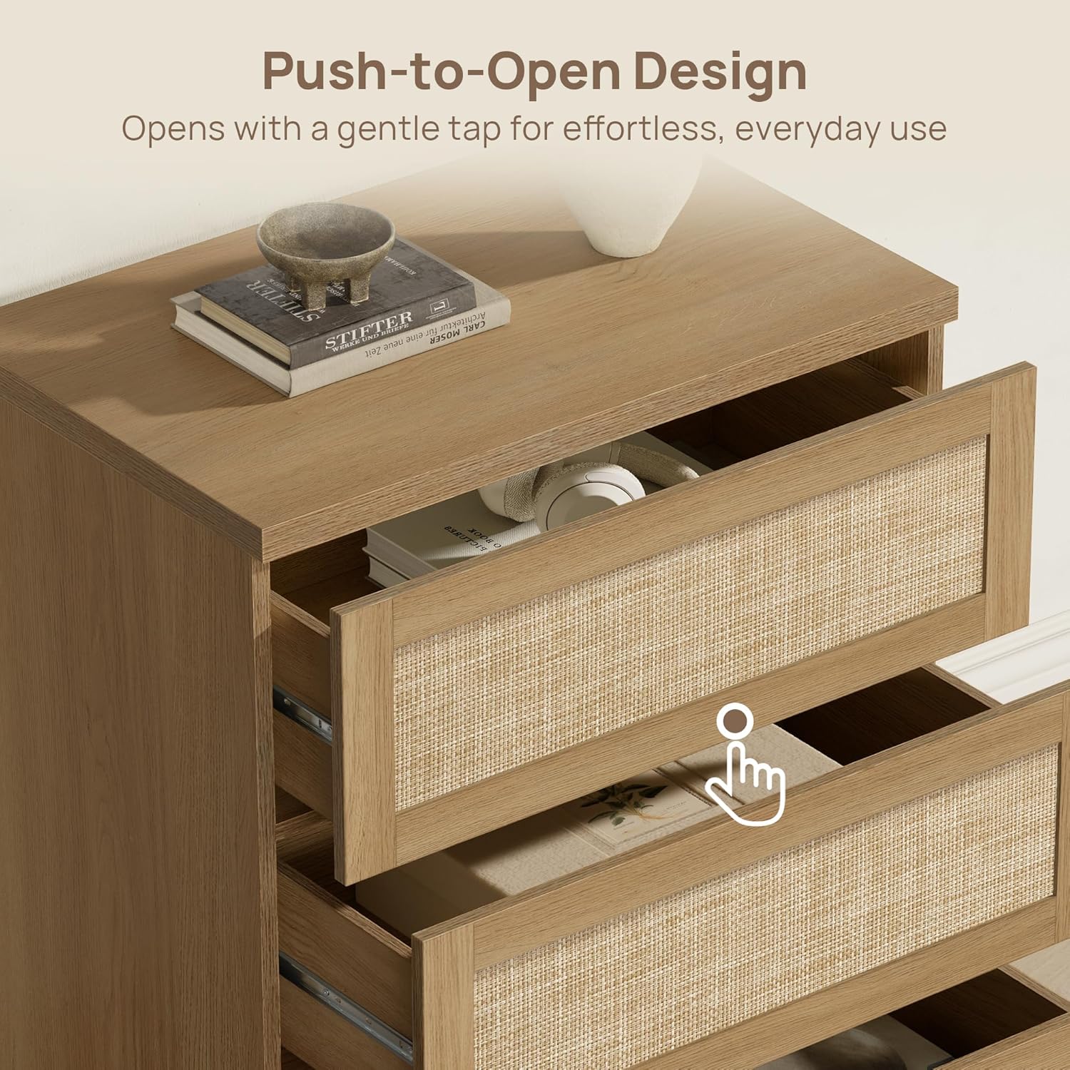 SICOTAS 3-Drawer Rattan Storage Cabinet, Modular Boho Dresser for Bedroom, Slim Entryway Console Table, 25" Narrow Sideboard & Credenza for Small Spaces
