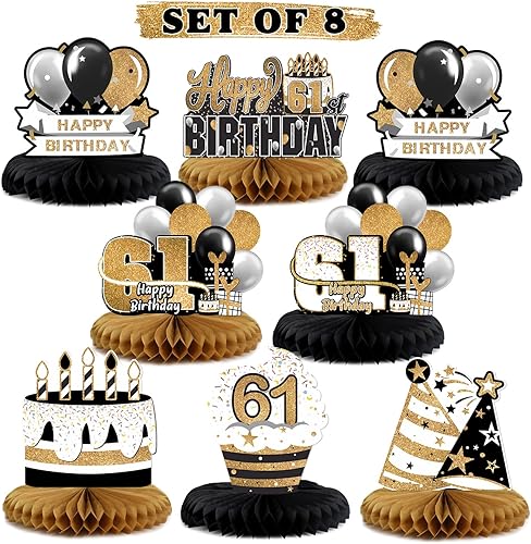 Miniatura 99 de LINGTEER Decoración feliz 50 cumpleaños negro y dorado de papel para mesa - Juego de centros de mesa con estrella de pastel y globo, 8 piezas