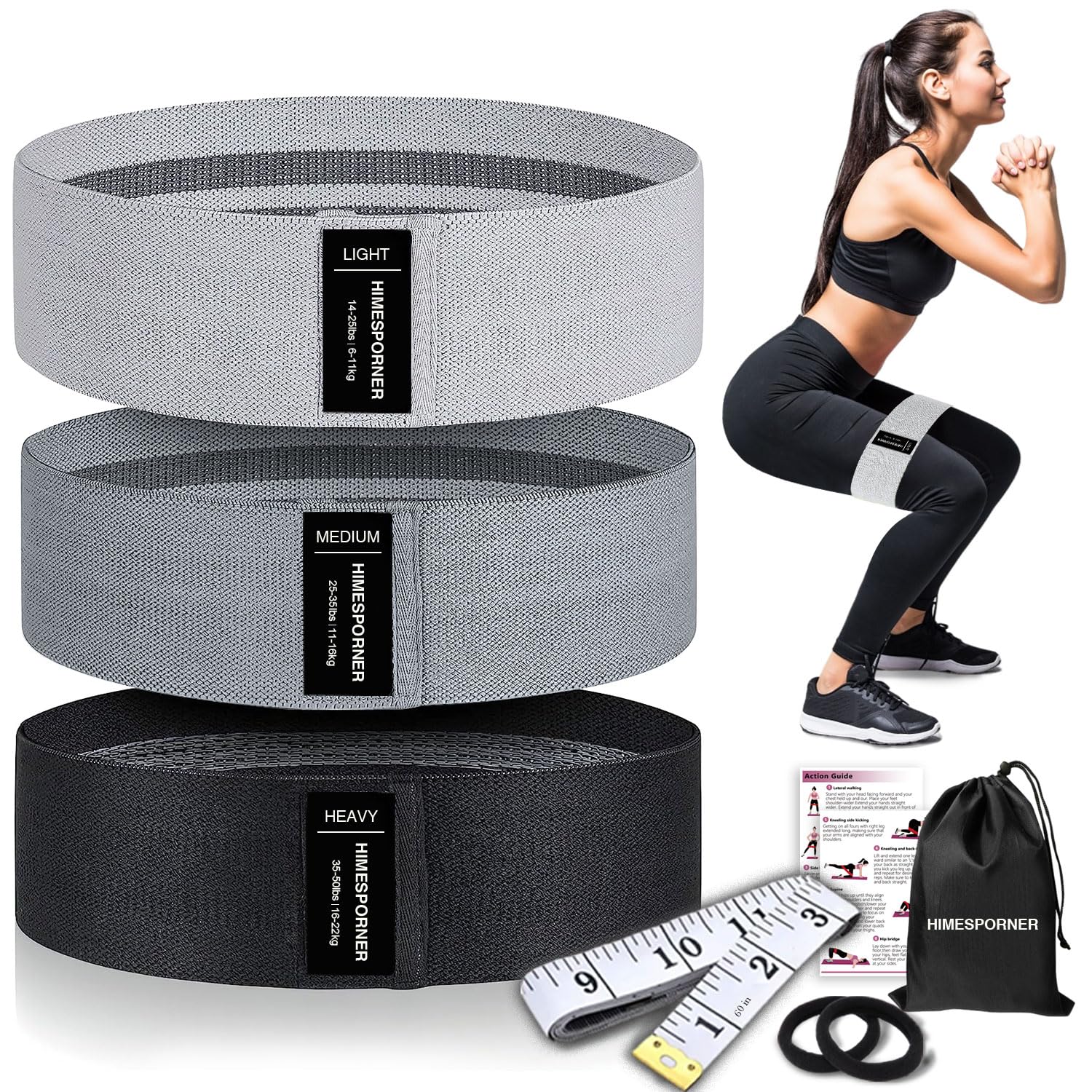 Wide Fabric Resistance Bands for Working Out, 3 Level Non-Slip Exercise Booty Bands for Women & Men Leg and Glutes with Hair Ties and Tape Measure - for Home Gym Workout, Yoga, Pilates
