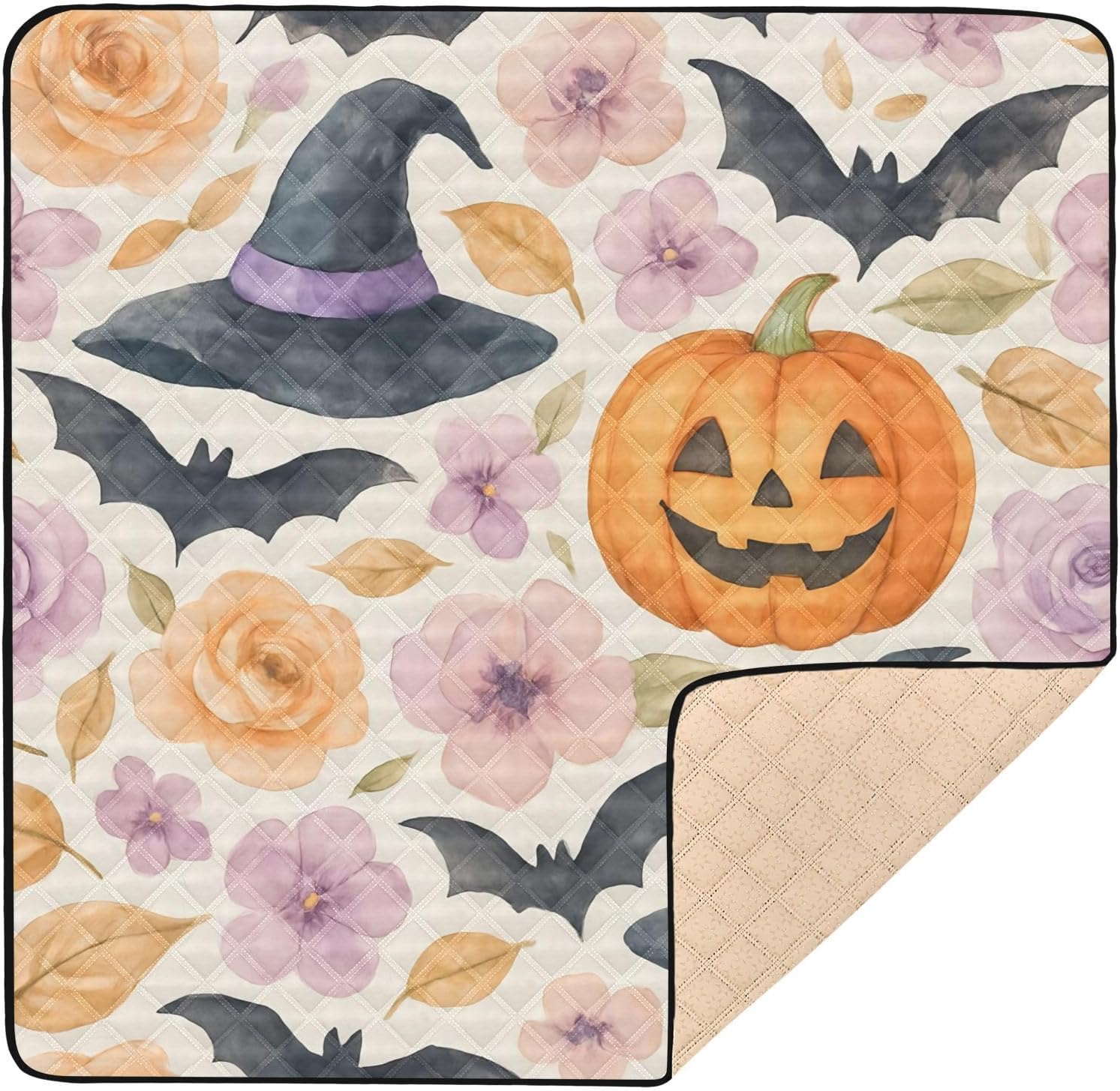 Halloween Pumpkins and Bats Baby Play Mat, 50“ X 50” Washable Folding Crawling Mat, Baby Floor Mat, Soft, Non-Slip