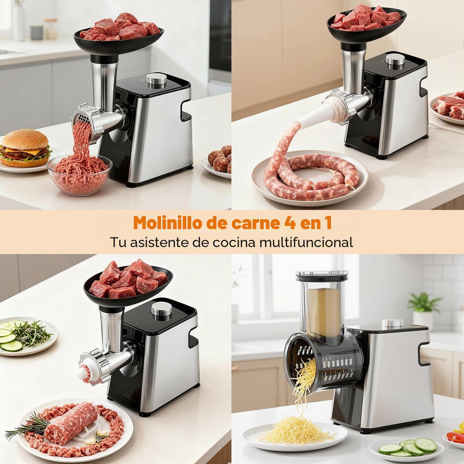 Picadora de carne eléctrica 2800W, 5 en 1: cortador verduras, rallador queso, embutidor y juego albóndigas. Máquina de cocina para picar, cortar y rallar.