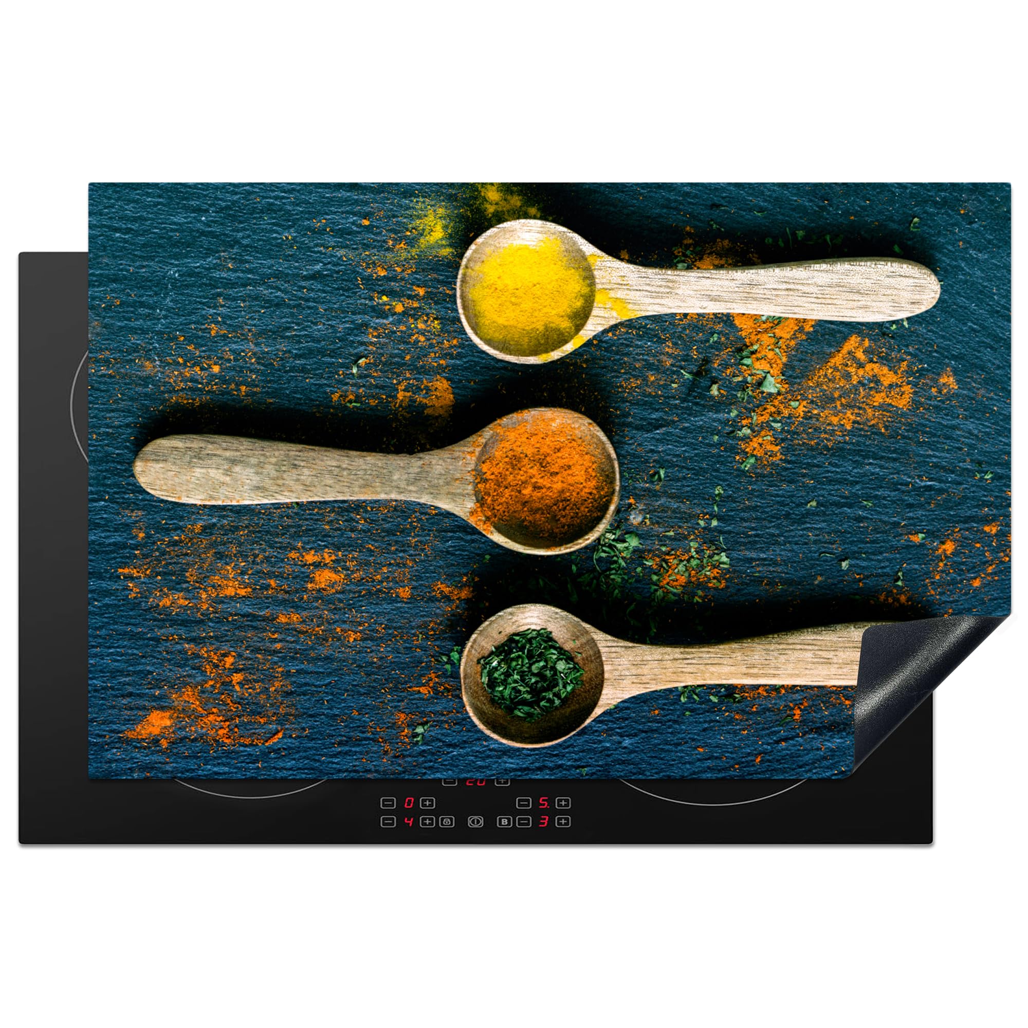 KitchenYeah© Induction Hob Protector Mat 20.5"x31.5" / 80x52 cm Stove Cap Top Cover Kitchen Cooker Covers for Electric Hobs Vinyl Spices - Spoon - Herbs - Brown - Yellow - Green — image 1