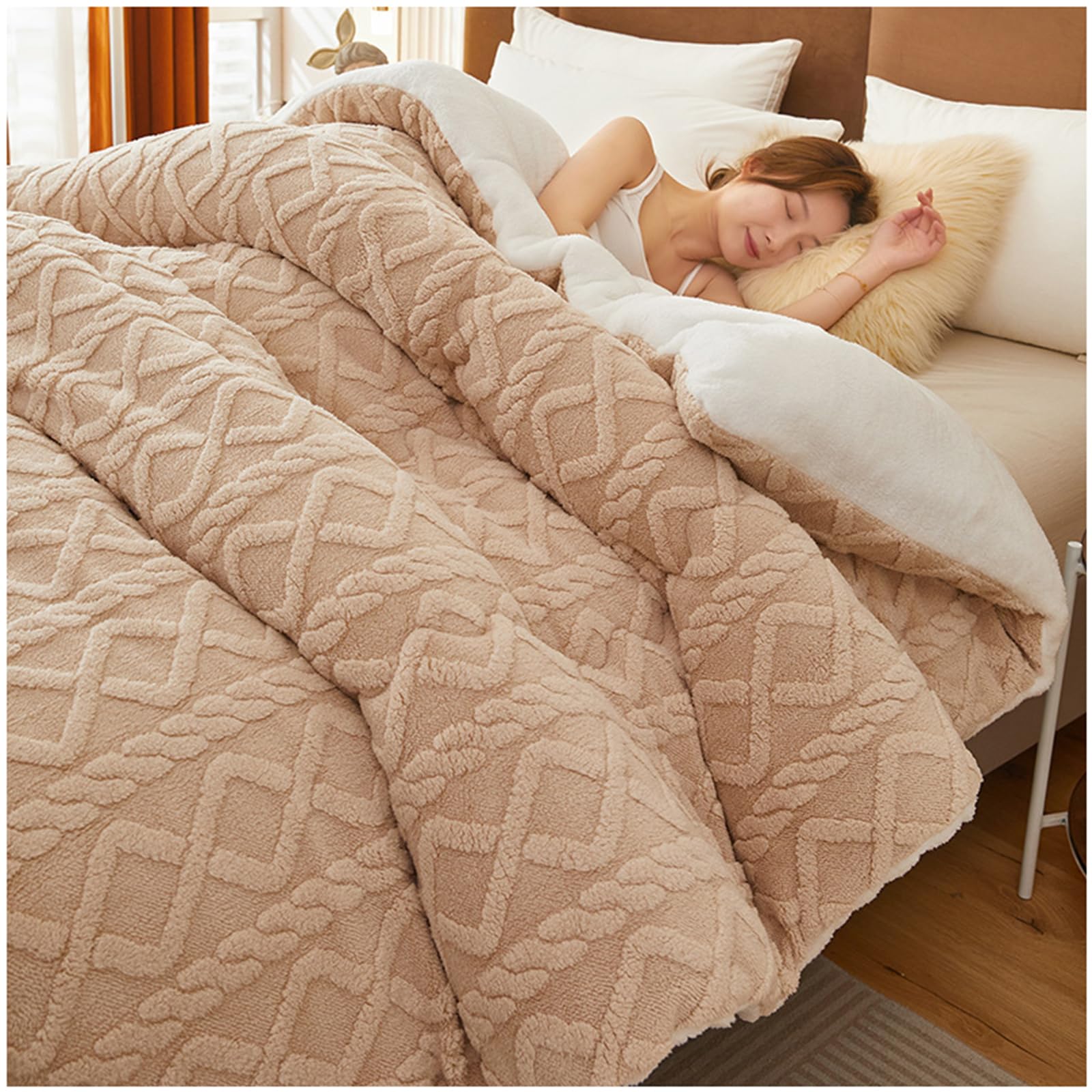 Ztgl Khaki Thickened Super Soft Insulation Hibiscus Winter Quilt, Lamb Velvet And Flannel Double Fabrics, Breathable Warmth Fluffy Plush Double Sided Velvet Blanket