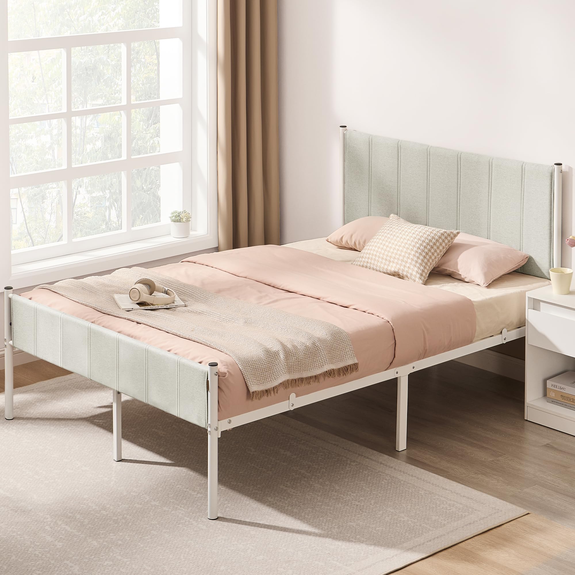 VASAGLE Queen Bed Frame with Upholstered Headboard, Metal Bed Frame Queen Size with Footboard, 1100 lb Weight Capacity, Steel Slats, Easy Assembly, No