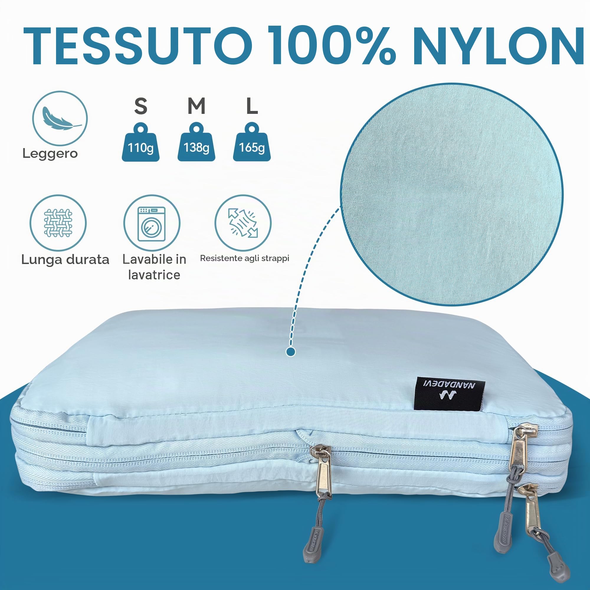 NANDADEVI Organizer per Valigia, Packing Cubes, Gadget da Viaggio, Essenziali da Viaggio, Organizer per Valigie e Zaini (S+M+L - Blu Chiaro)