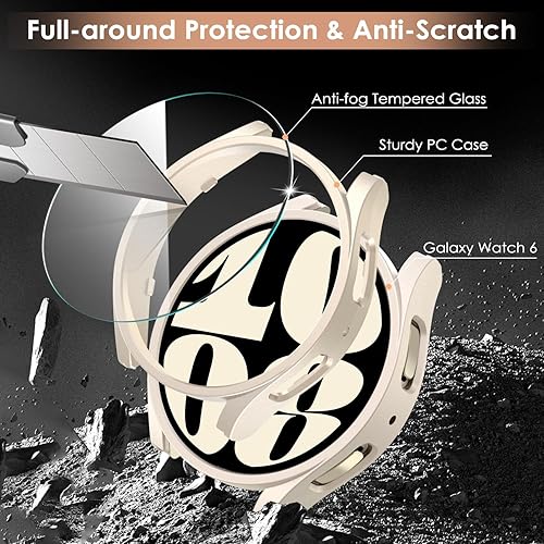 Miniatura 3 de EWUONU Paquete de 4 + 4 fundas protectoras de pantalla para Galaxy Watch 6 de 1.732 in 2023, película de vidrio templado antivaho y carcasa rígida