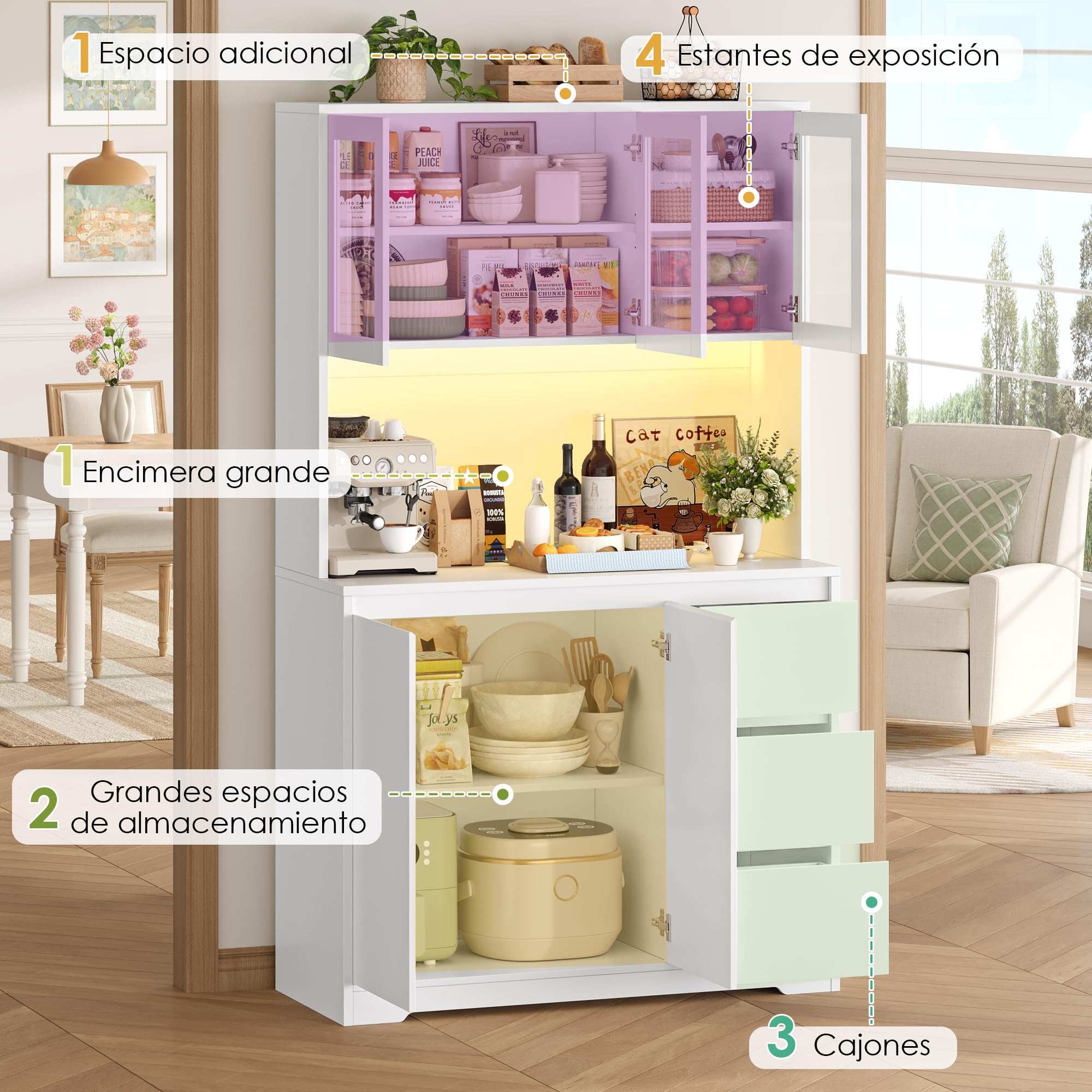 FirFurd Alacena Cocina Grande con 5 Puertas, Luces LED, Enchufe Integrado | Armario de Cocina con Encimera para Microondas, 3 Cajones, Estantes Ajustables, Comedor y Salón 100An.x39F.x180Al. cm Blanco