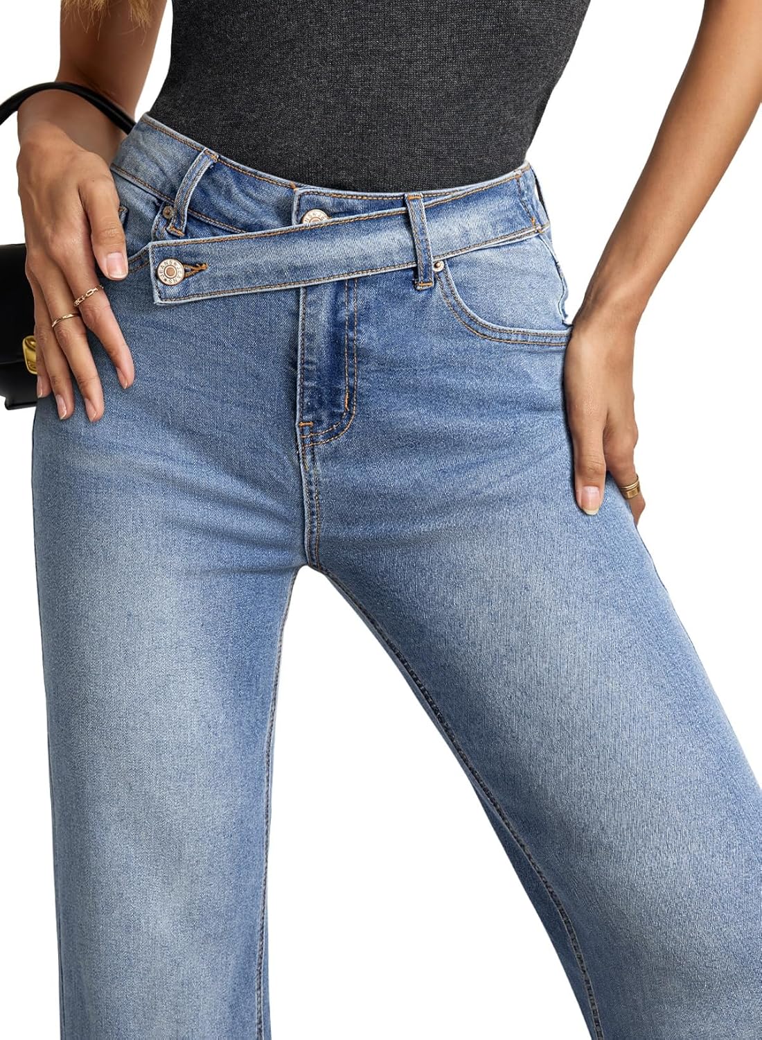 EVALESS Jeans for Women Trendy 2025 Overlap Waist Straight Wide Leg Stretchy Denim Pants - Image 2