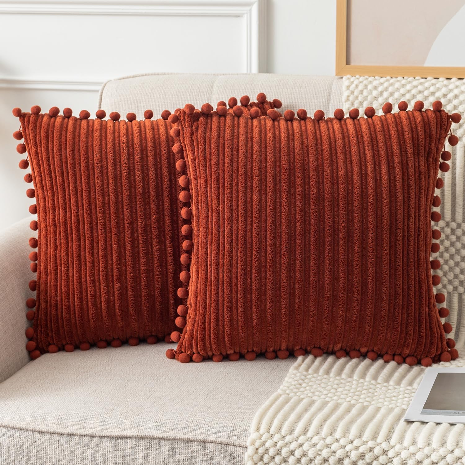 UGASA Soft Boho Decorative Throw Pillow Covers with Pom-poms Pack of 2 Stripe Flannel Square Farmhouse Modern for Sofa Couch Bedroom Home Decor Gift, 18x18 Inch Burnt Brick