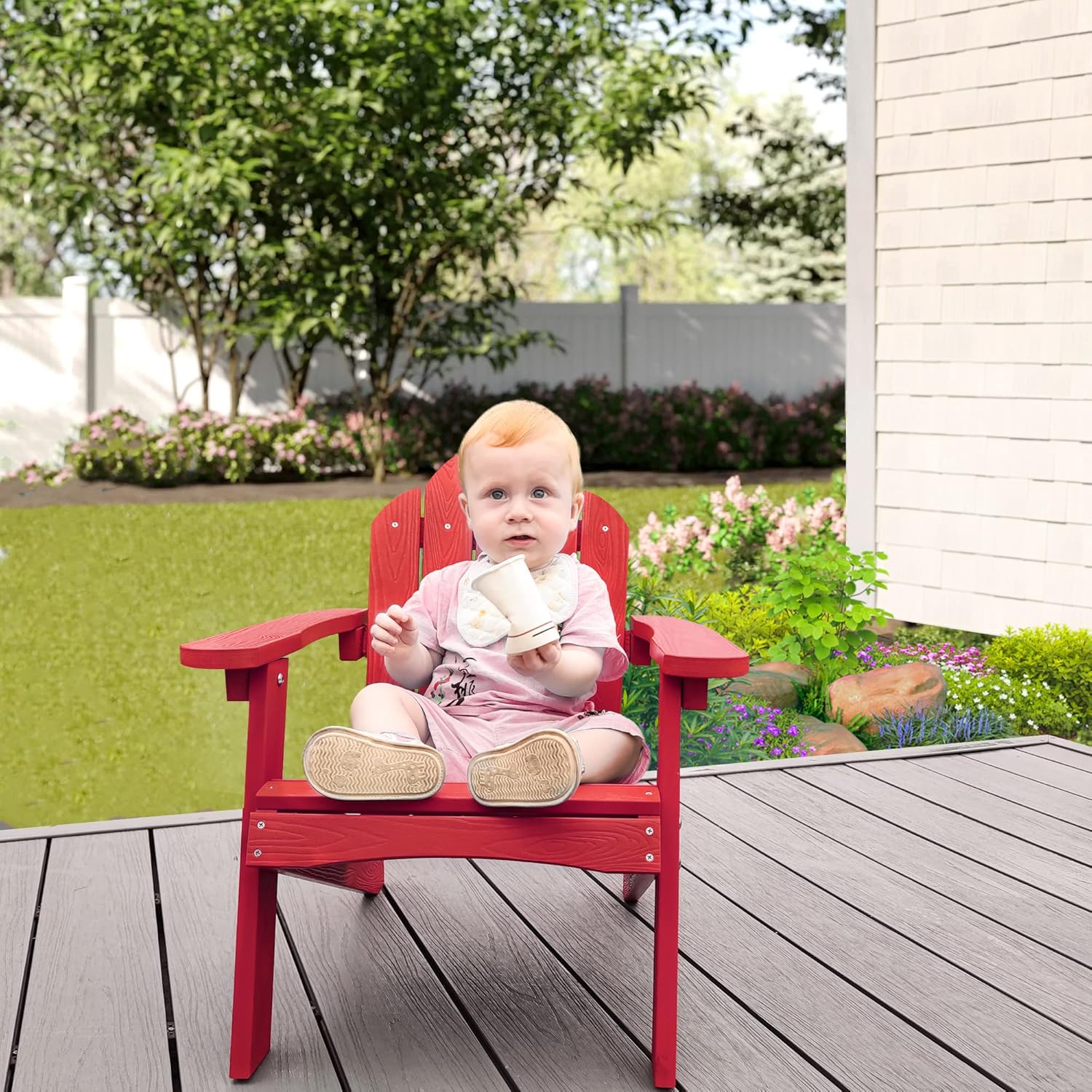 LUE BONA Kids Adirondack Chair - Red Poly Lumber Plastic, Weather Resistant Outdoor Patio Lounge Chair for Toddlers, Balcony, Backyard
