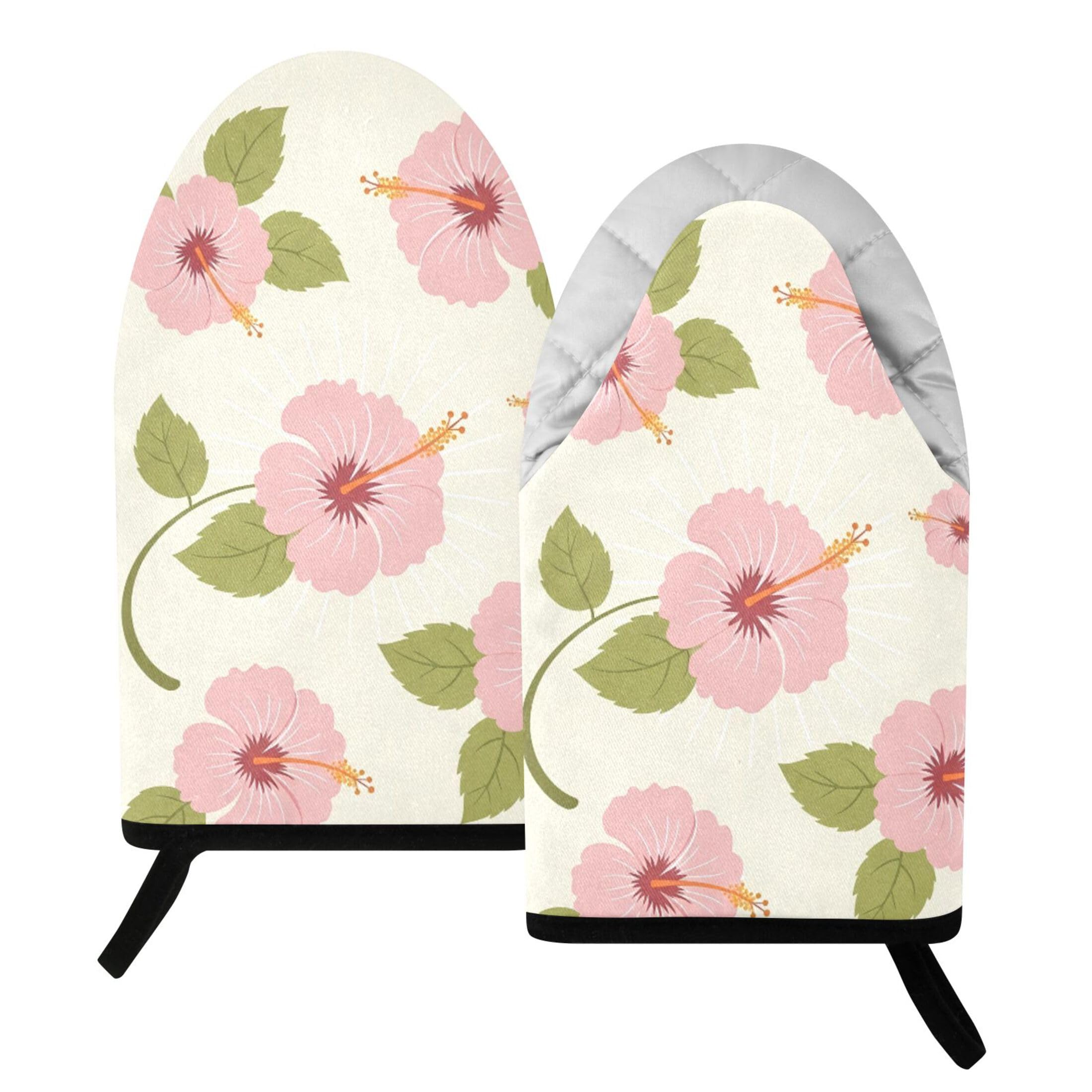 Fuauuyl Oven Mitts Heat Resistant Kitchen Gloves, Hibiscus Classic Oven Gloves with Hanging Loop for Baking BBQ Cooking Grilling, 1 Pair, 9.5 in