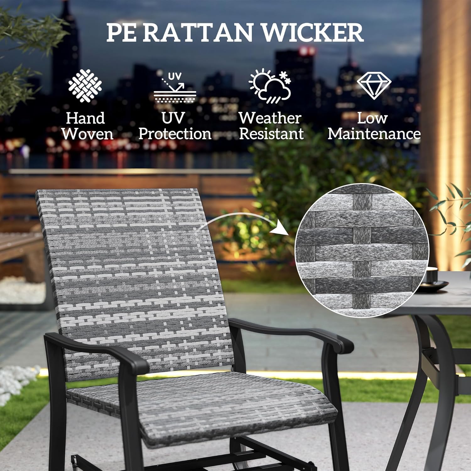 Outsunny Patio Glider Chair Set of 2, Wicker Rattan Outdoor Swivel Chair with Steel Frame, High Back, Armrests, Porch Glider with Adjustable Foot Pads for Garden, Lawn, Backyard, Gray