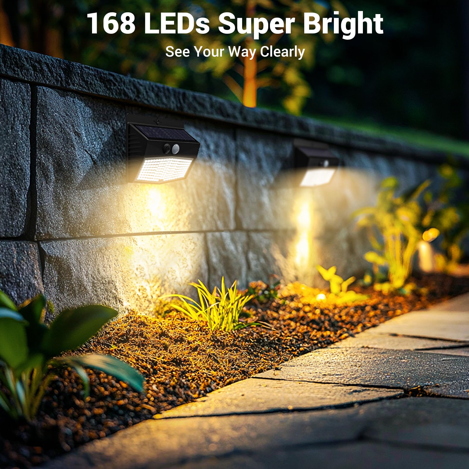 nipify Lot de 6 lampes solaires d'extérieur avec détecteur de mouvement, 3 modes, lampe solaire d'extérieur IP65, 168 LED blanc chaud, lampe solaire d'extérieur pour jardin, garage, cour, mur, clôture