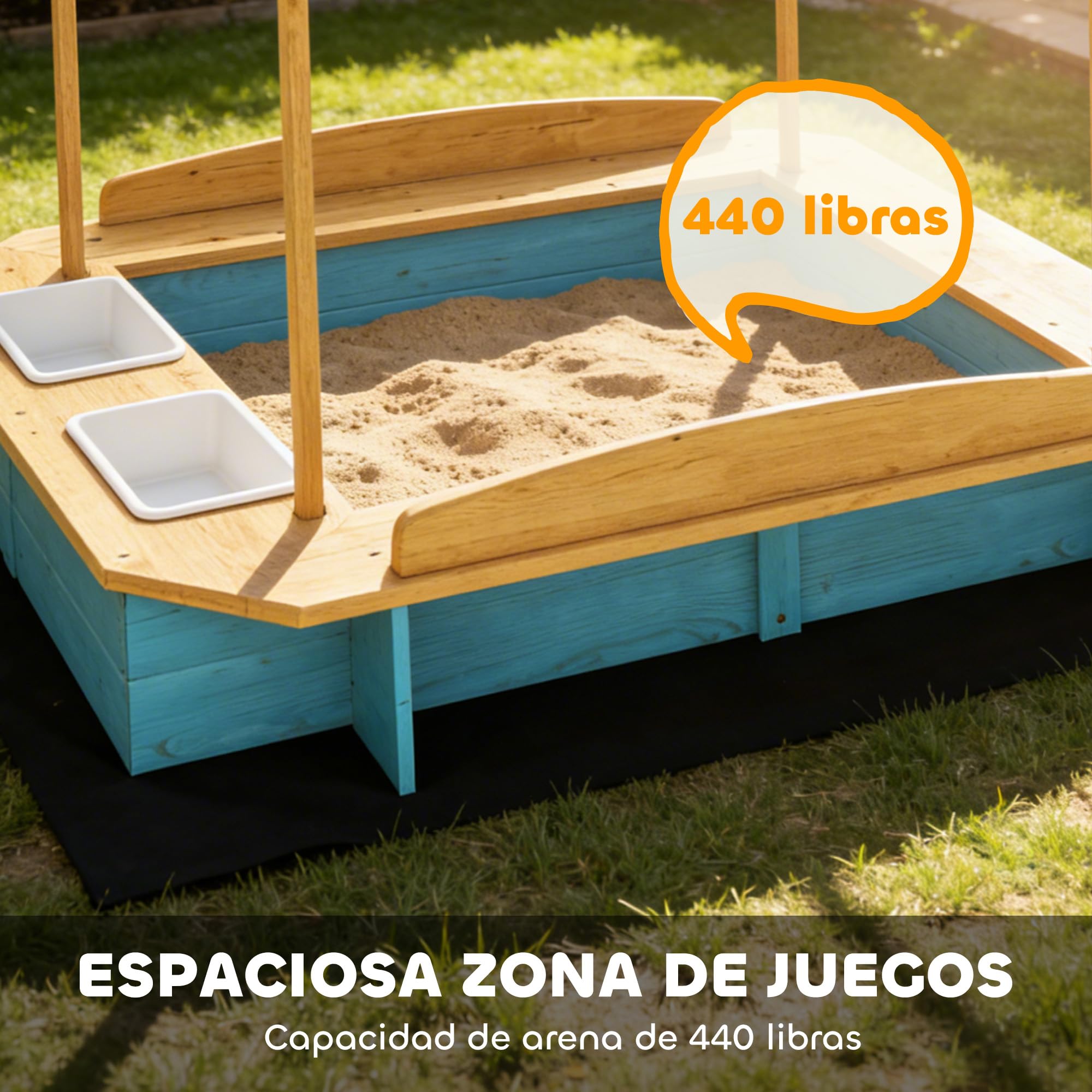 AIYAPLAY Arenero para Niños de Madera con Techo, Arenero Infantil con 3 Bancos, 2 Cajas de PP, Forro, Caja de Arena para Niños de 3-6 Años, para Patio, Jardín, Balcón, 128x118x121 cm, Azul