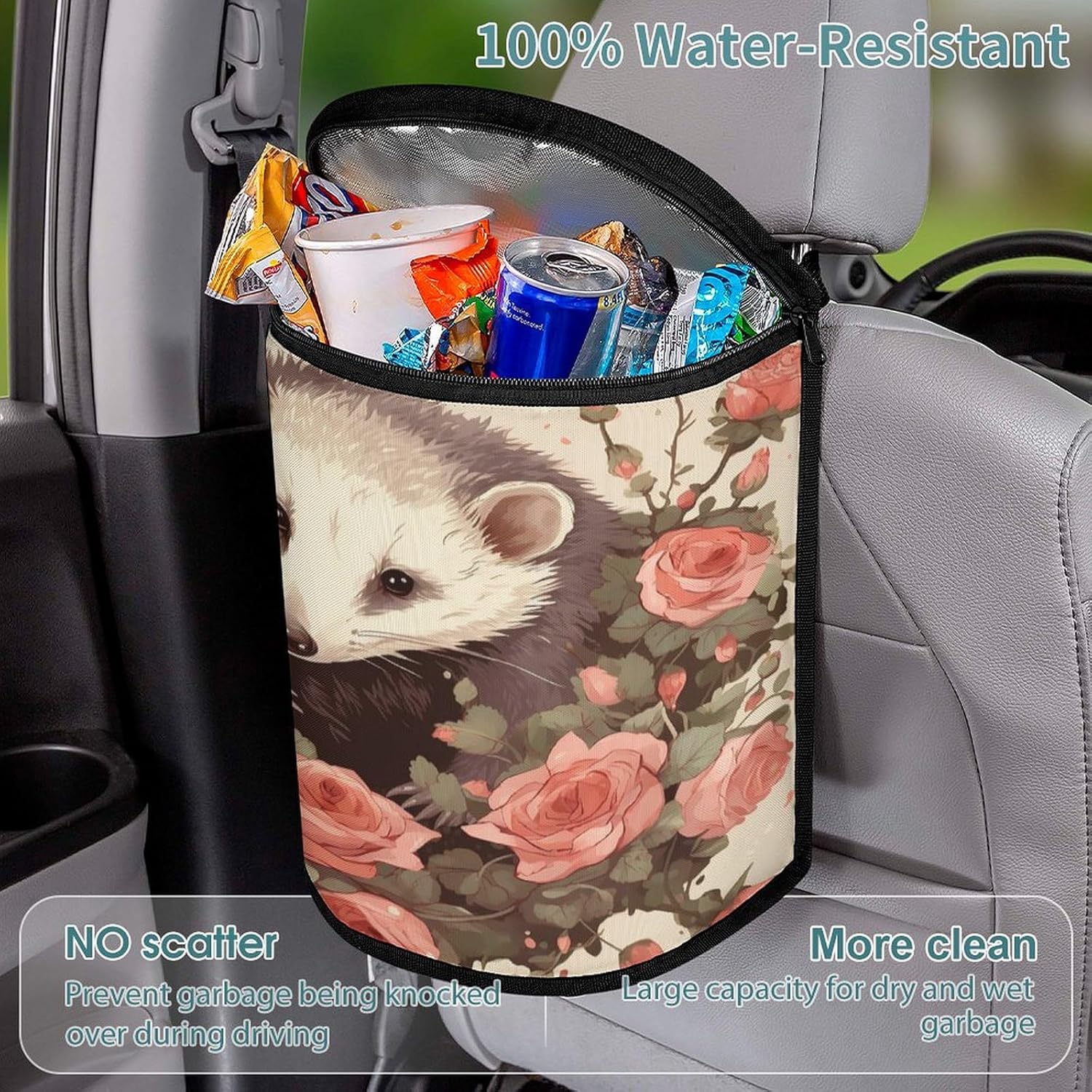 Hanging Car Trash Bag Opossum and Roses Printed Car Garbage Storage Bag Leakproof Car Trash Can Portable Garbage Storage Bags