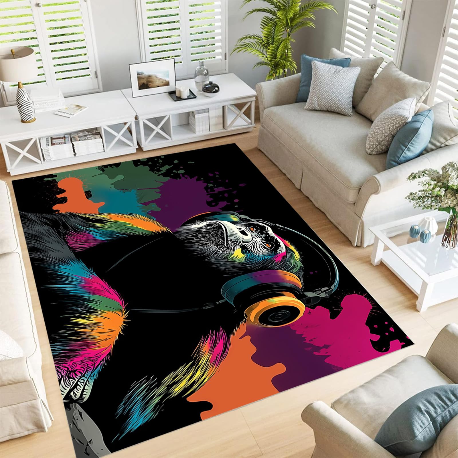Tapis de salon noir antidérapant motif singe musique 60x90