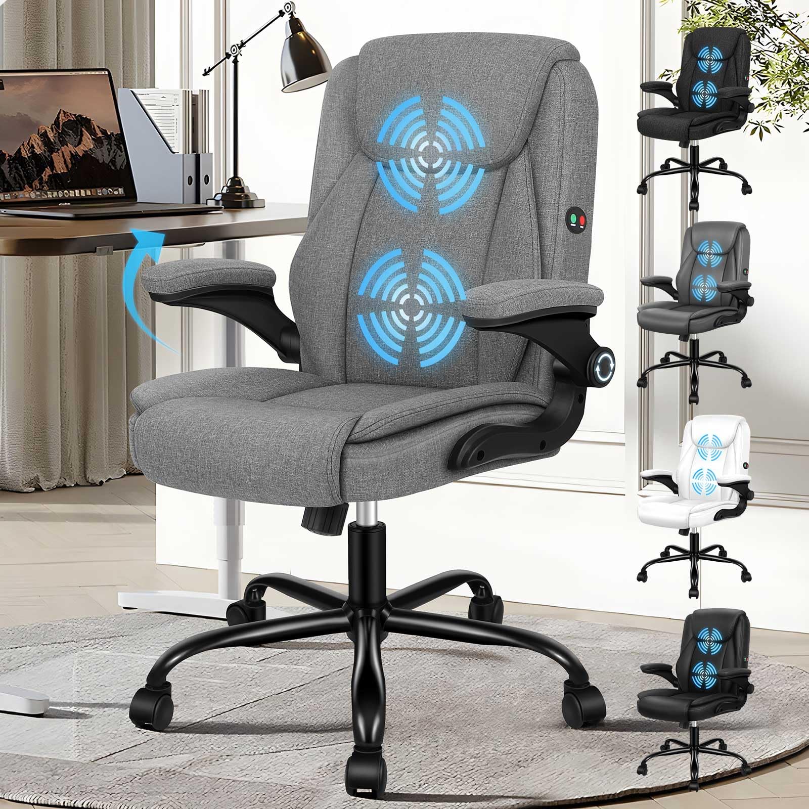 ELFORDSON Massage Office Chair, Mid-back Executive Chair with 90° Flip-up Armrests, Comfy Work Chair with adjustable Height, Ergonomic Swivel Gaming Chair, Fabric, Grey — image 1