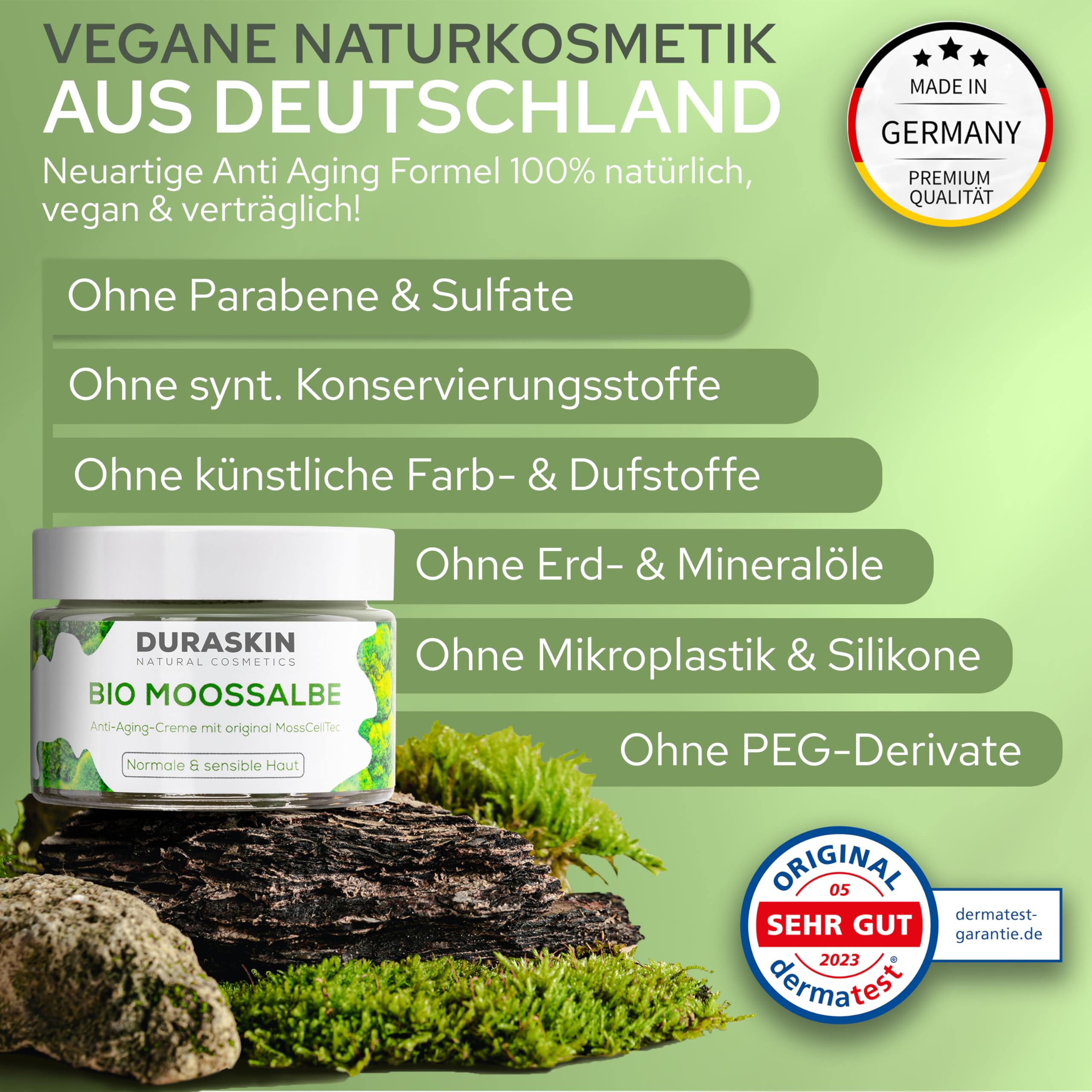 BIO Moossalbe gegen Falten mit hochwirksamen MoosCellTec | TESTSIEGER Mooscreme für Gesicht mit Anti Aging Wirkung als Feuchtigkeitscreme Tag & Nacht | vegane Naturkosmetik Made in Germany