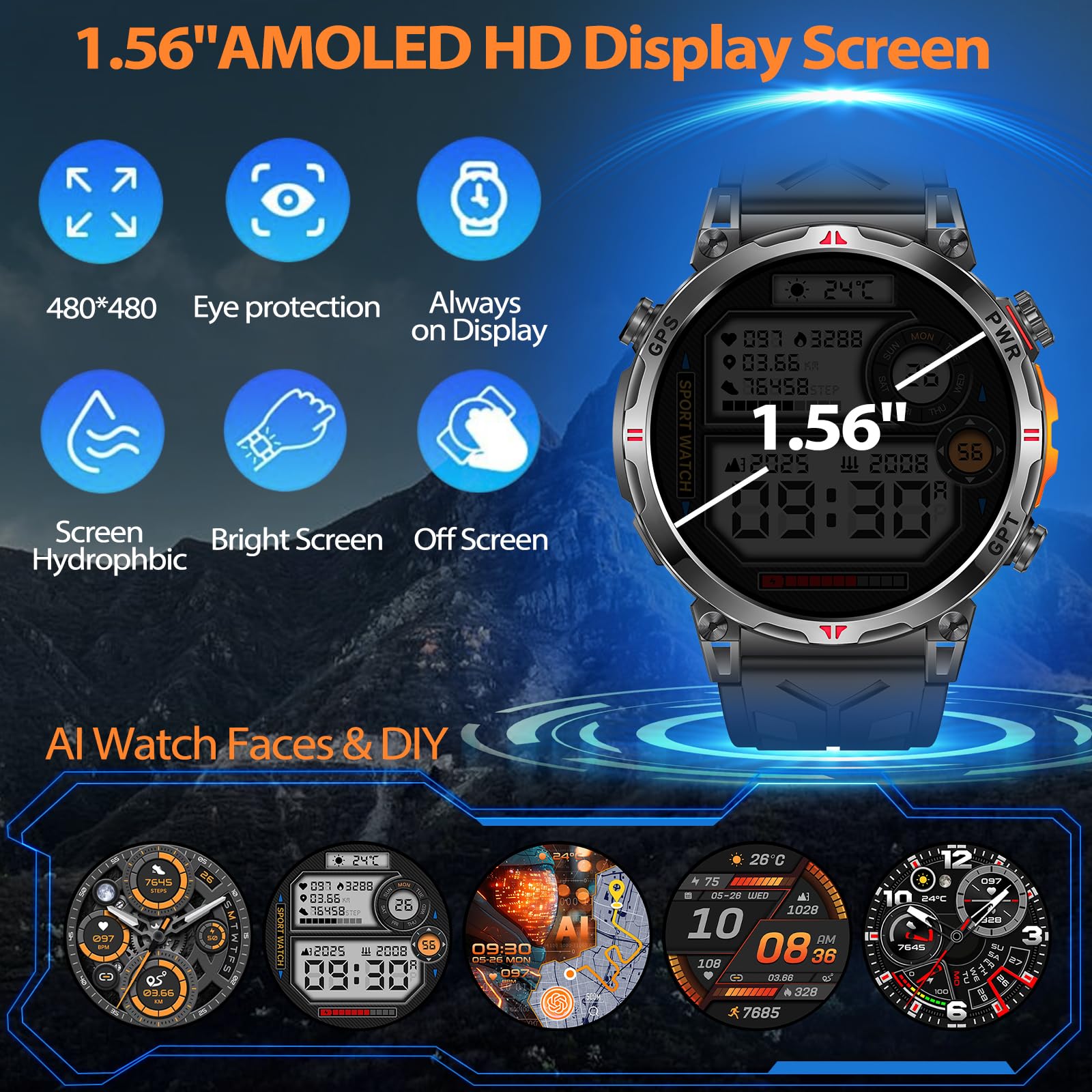 smartwatch uomo con GPS, bussola, chiamata Bluetooth, schermo Amoled da 1,56", orologio fitness con 107 modalità sportive, orologio sportivo per iOS/Android, quadrante AI, IP68, impermeabile