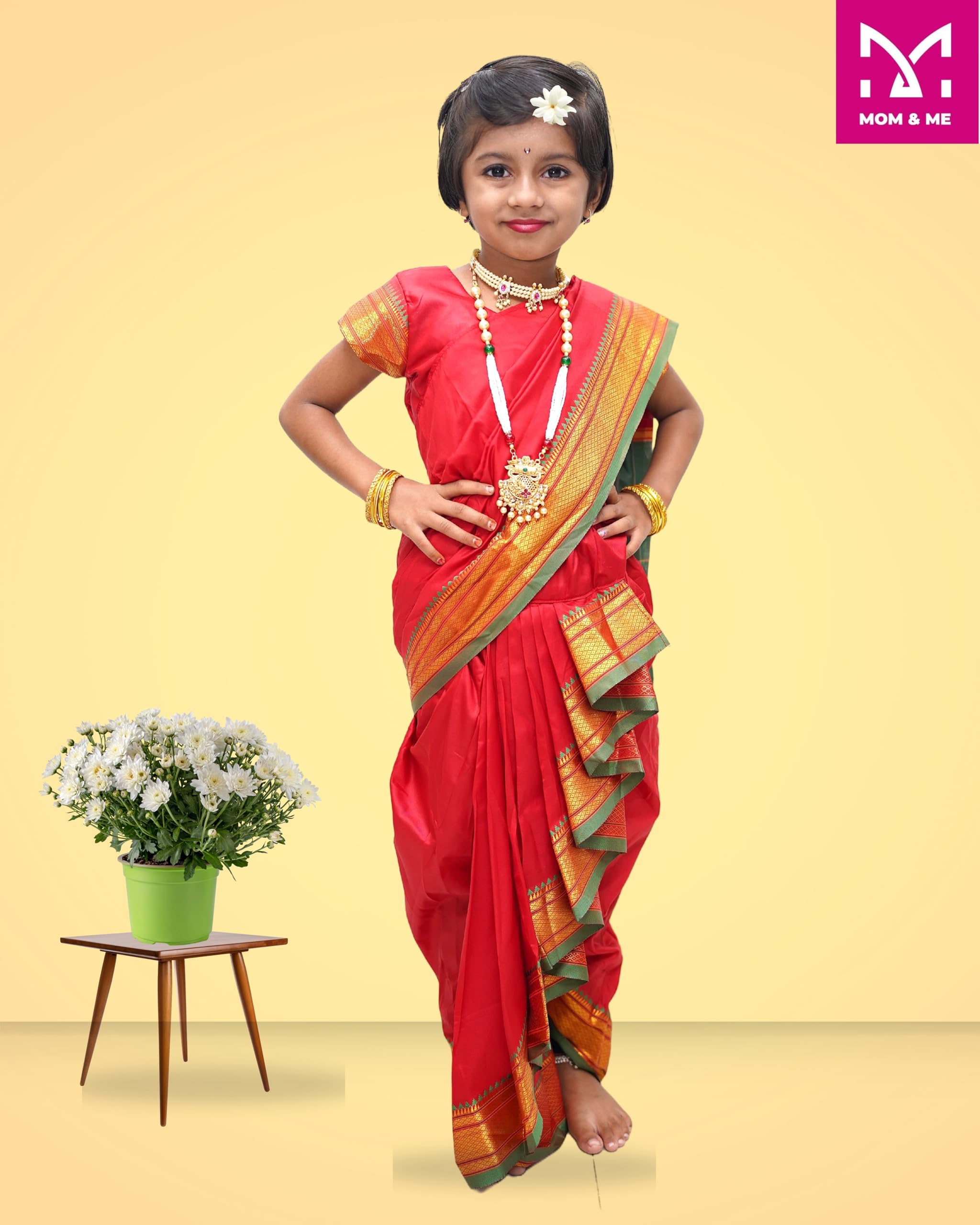 Mom and Me Nauvari Saree for Girls/Baby Girl, Ready to Wear, Marathi Maharashtrian Traditional Saree, Festival Outfit for Puja, Ganpati Festival, School Programs stitch Blouse (Red, 9-10 Years) - Image 6 thumbnail