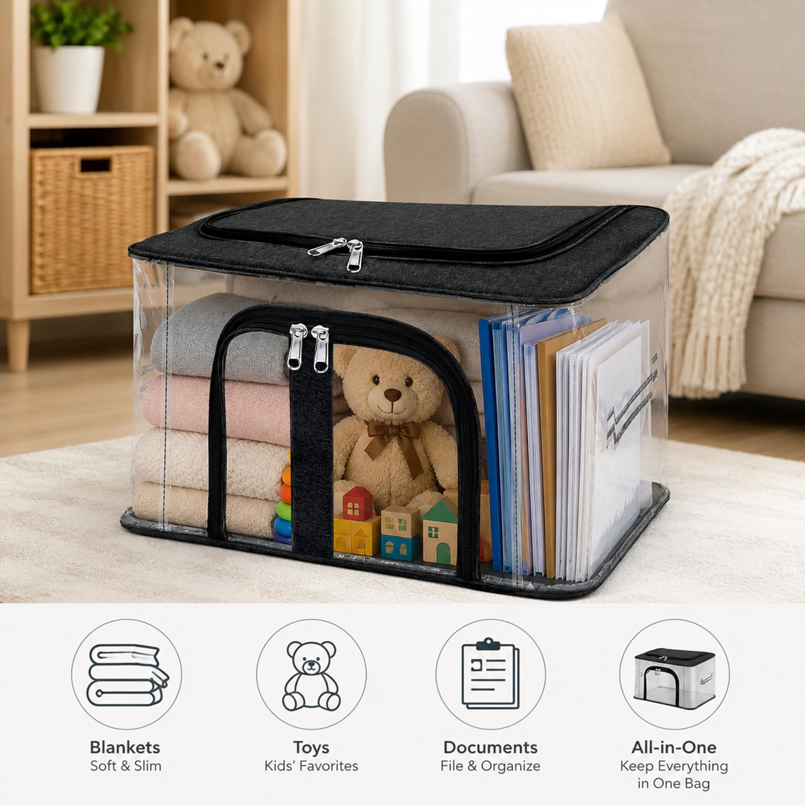 Storite Aufbewahrungsbox aus Nylon, 33 l, PVC, transparent, feuchtigkeitsbeständig, für Kleidung, Schrank, Kleiderschrank, Organizer, Saree-Taschen für Kleidung, mit Tragegriff, Schwarz, 44 x 31 x 24