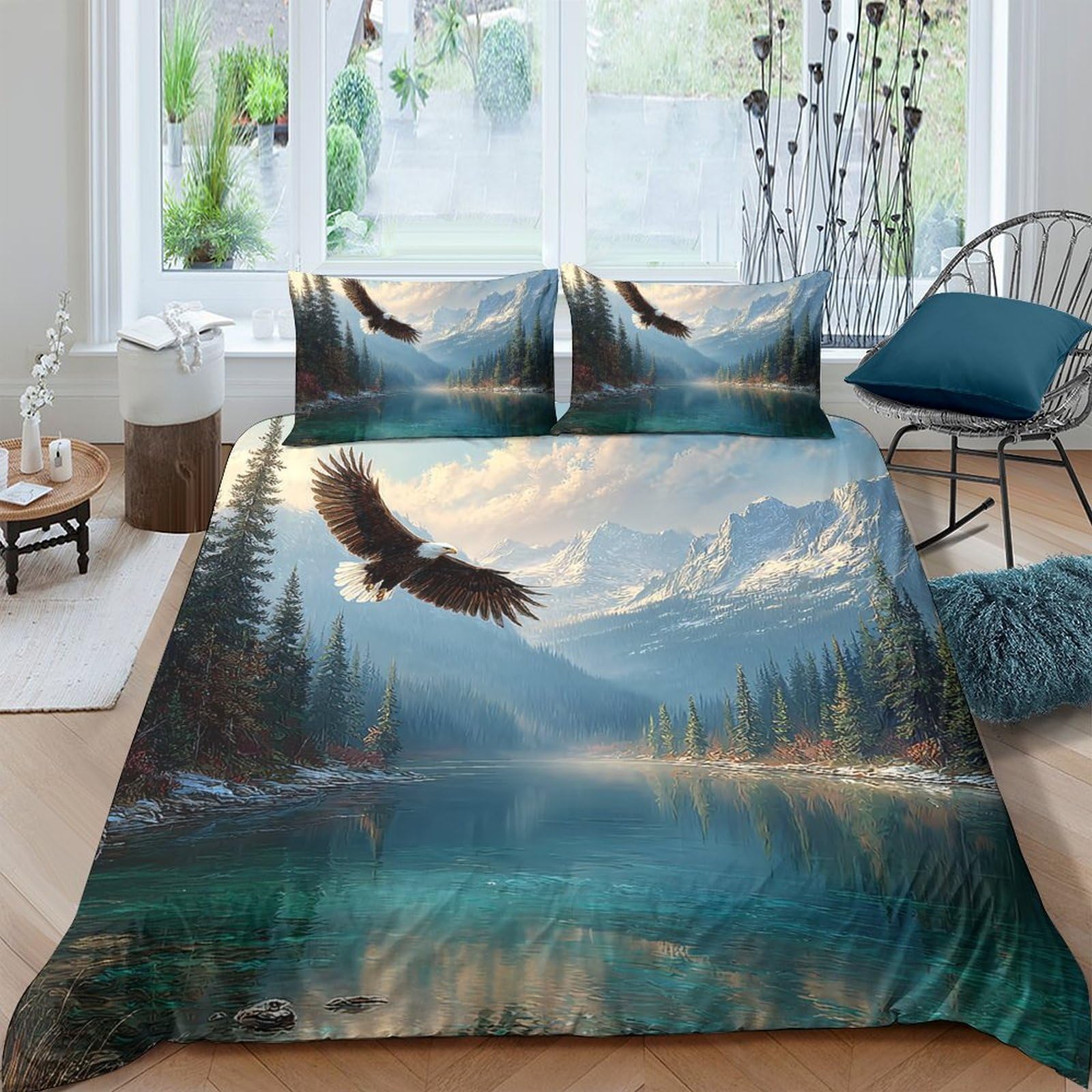 Ctjqhvkz Style-2 3D Printed Eagle Mountain Fitted Sheet Microfiber Soft Forest Lake Bed Cover For Bedroom Guest Room Decor Single（135X200cm）