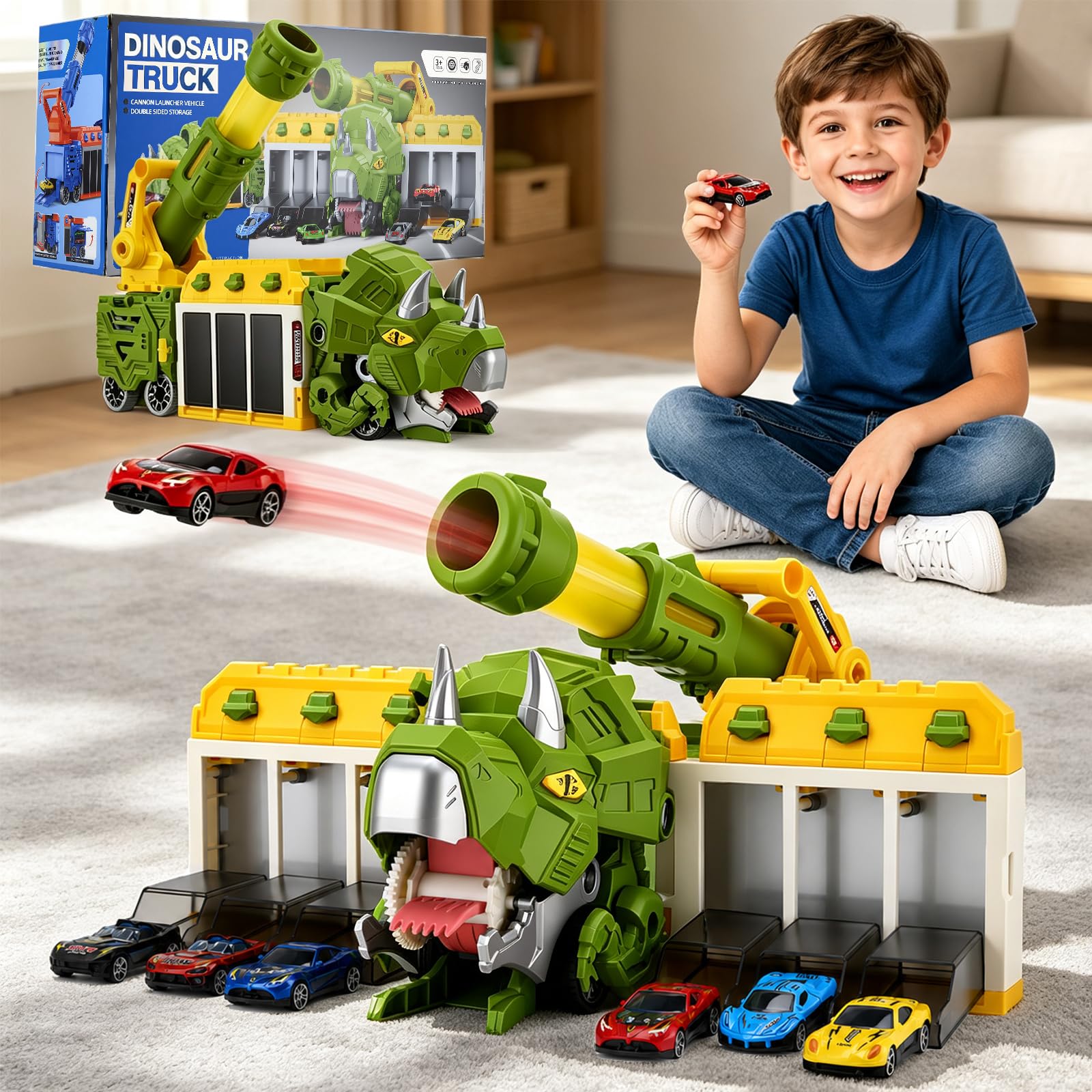 Camion Dinosaure Jouet Lanceur 12 Mini Voitures Garage Pliable Cadeau