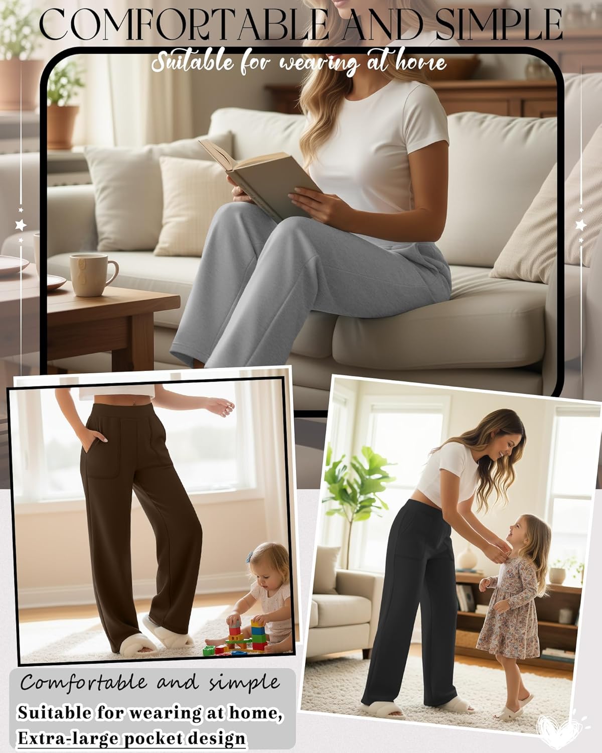 4 Pack Women's Lounge Sweatpants High Waisted Wide Leg Pants with Pockets Loose Casual Pants Workout Yoga Jogger - Image 2