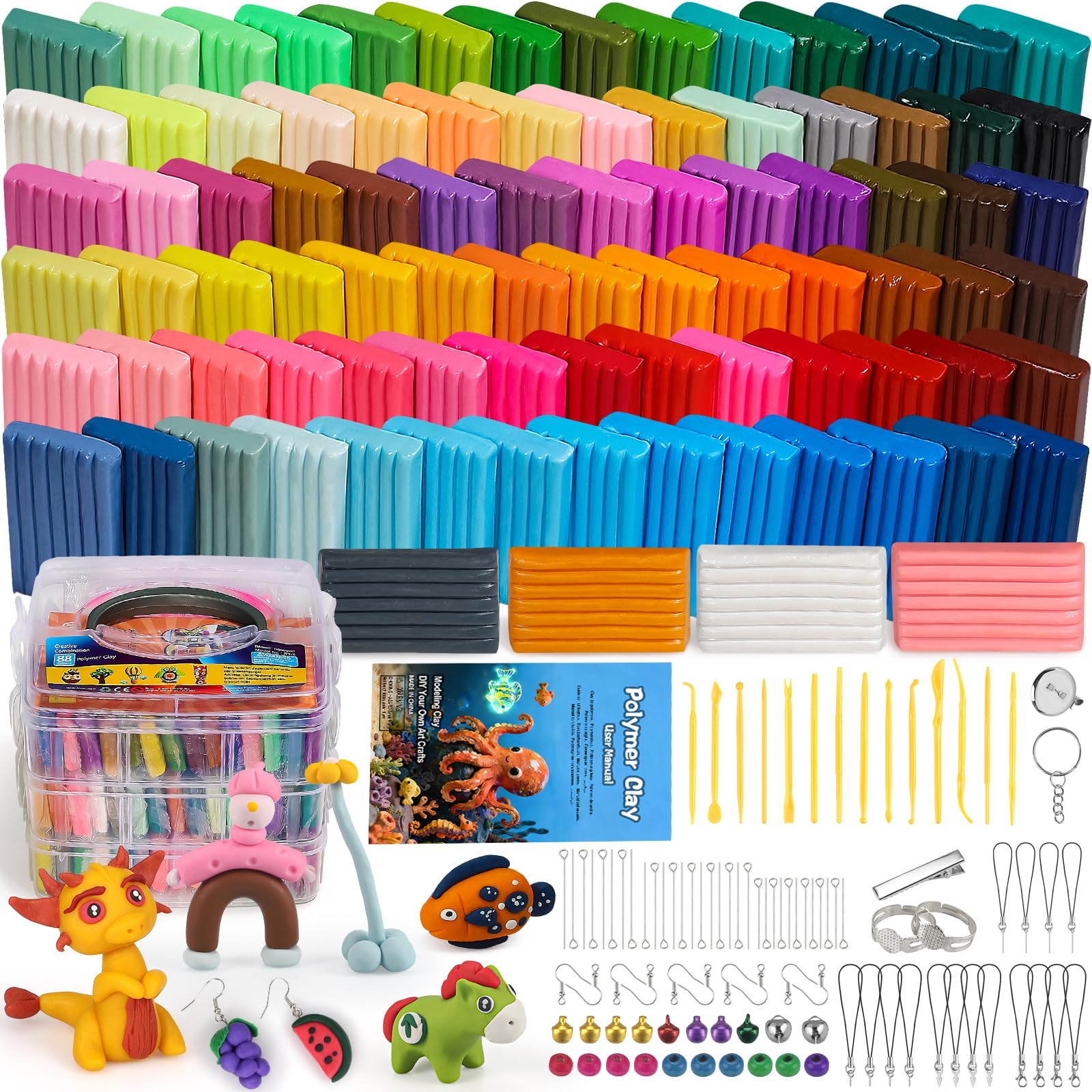 88 Colors Polymer Clay, Oven Bake DIY Modeling Clay for Kids | Easy to Shape, Non-Sticky, Model Clay Toys with Sculpting Tools, Art Supply for School Project, Home Decor, Gift for Artists
