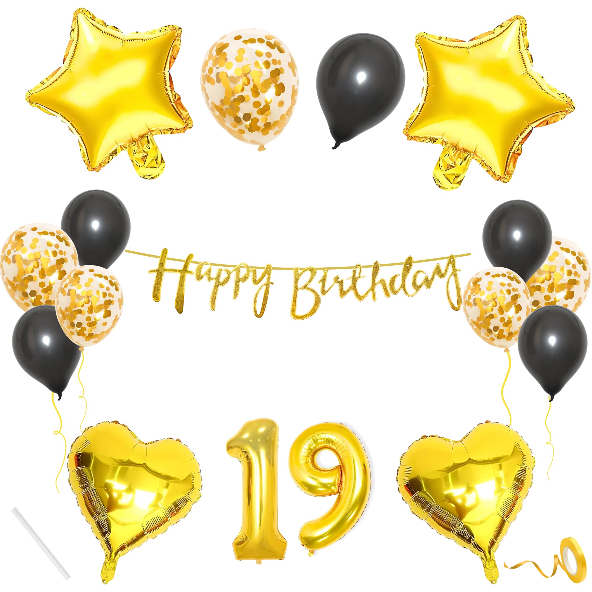 19th Happy Birthday Decoration Kit Gold Black for Nineteen Year Old Boys Girls Kids Princess Men Women With 10 Pcs Confetti Balloons Birthday Banner 4 Pcs Star Heart Items Set Golden