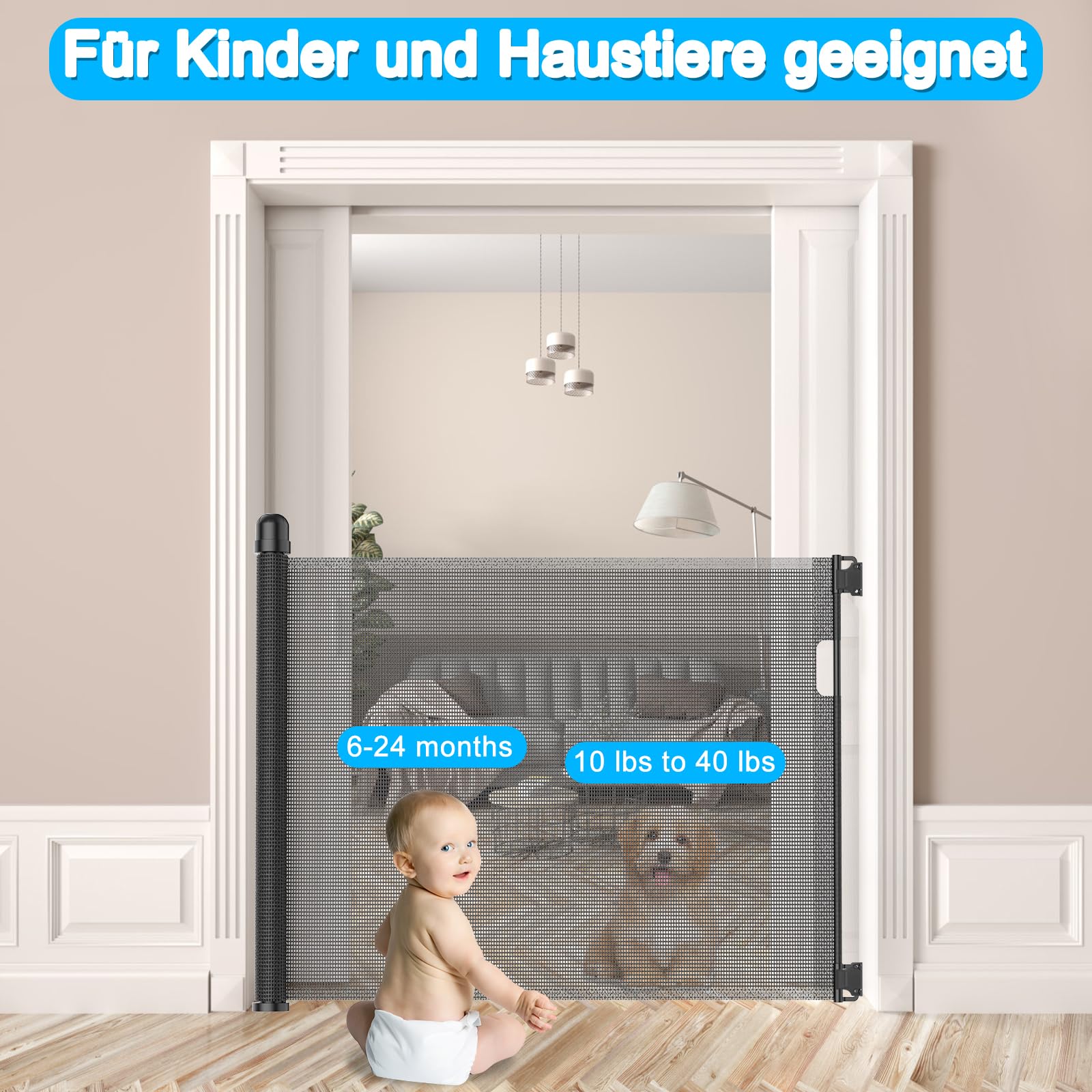 LZQ Roll - Barrera de seguridad para escaleras y mascotas (0-180 cm, altura 87 cm, apta para escaleras, puertas, interiores y exteriores, color negro