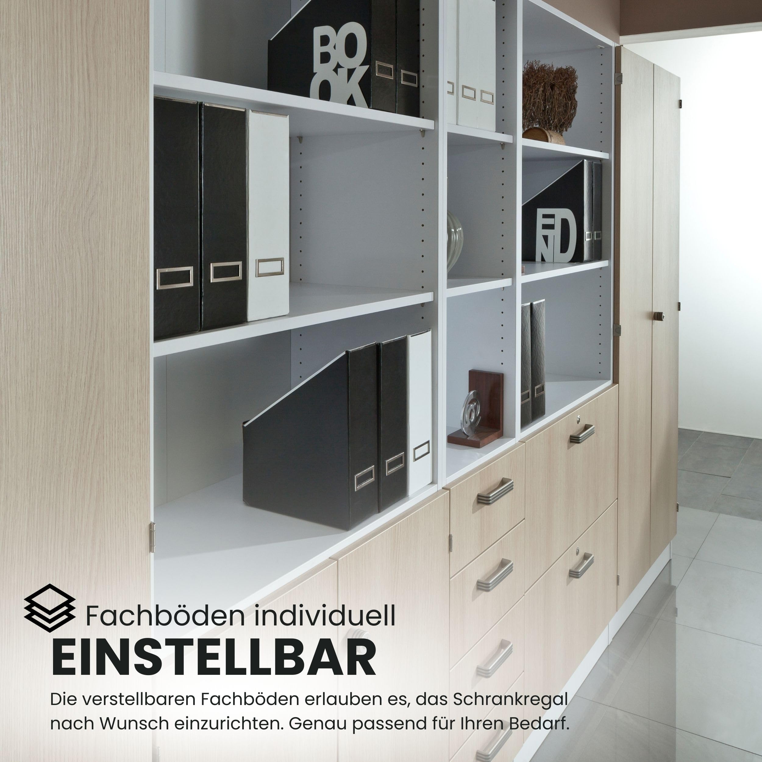 bümö Office Aktenschrank abschließbar, Büroschrank groß aus FSC-Holz, 80cm breit in weiß - abschließbarer Schrank, Büroschrank abschließbar, Büro Möbel Schrank System