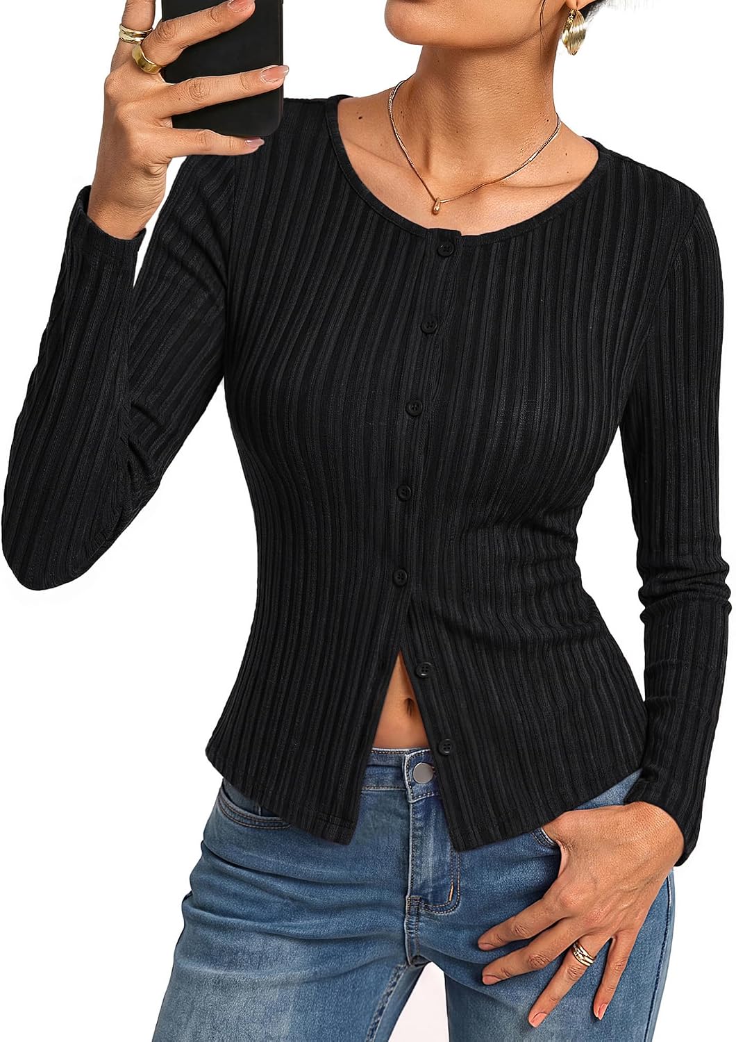 Women's Ribbed Button-Up Slim Fit Long Sleeve Shirt