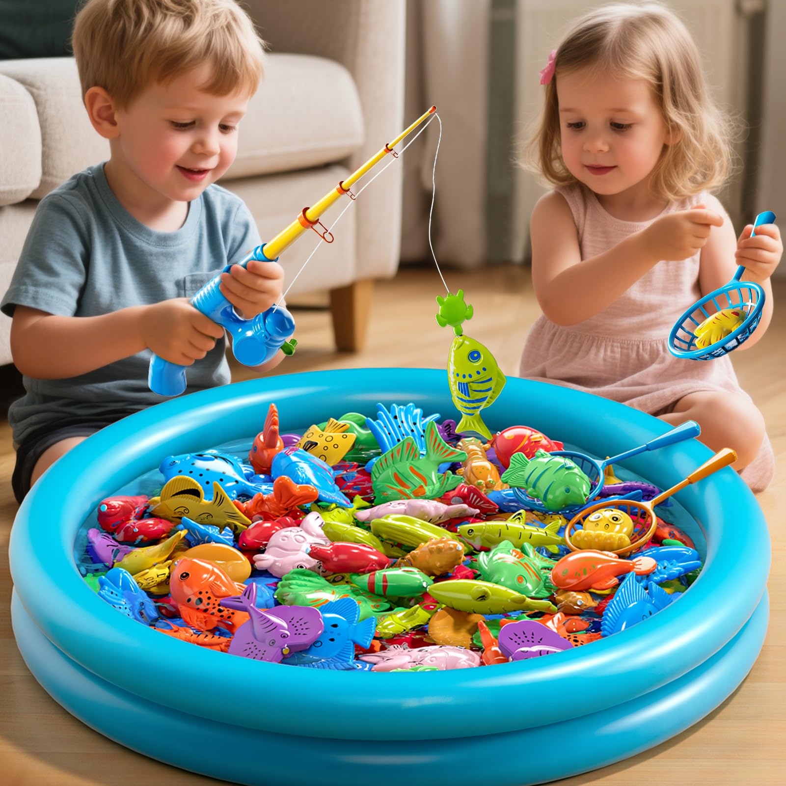 Magnetische Angel Pool Spielzeug Spiel für Kinder Kleinkinder, Bad Wassertisch Außenspielzeug mit aufblasbarem Pool, Pole Rod Netz, Bildungs Badewanne Spielzeug für das Alter 3 4 5 6 7 8