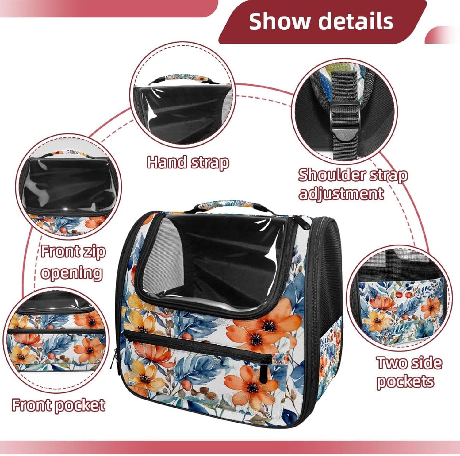 Portable Travel pet Backpack Carrier Hamster Bag Small Dog cat Carrier Breathable Hang Bag, Flowers and Green Leaves