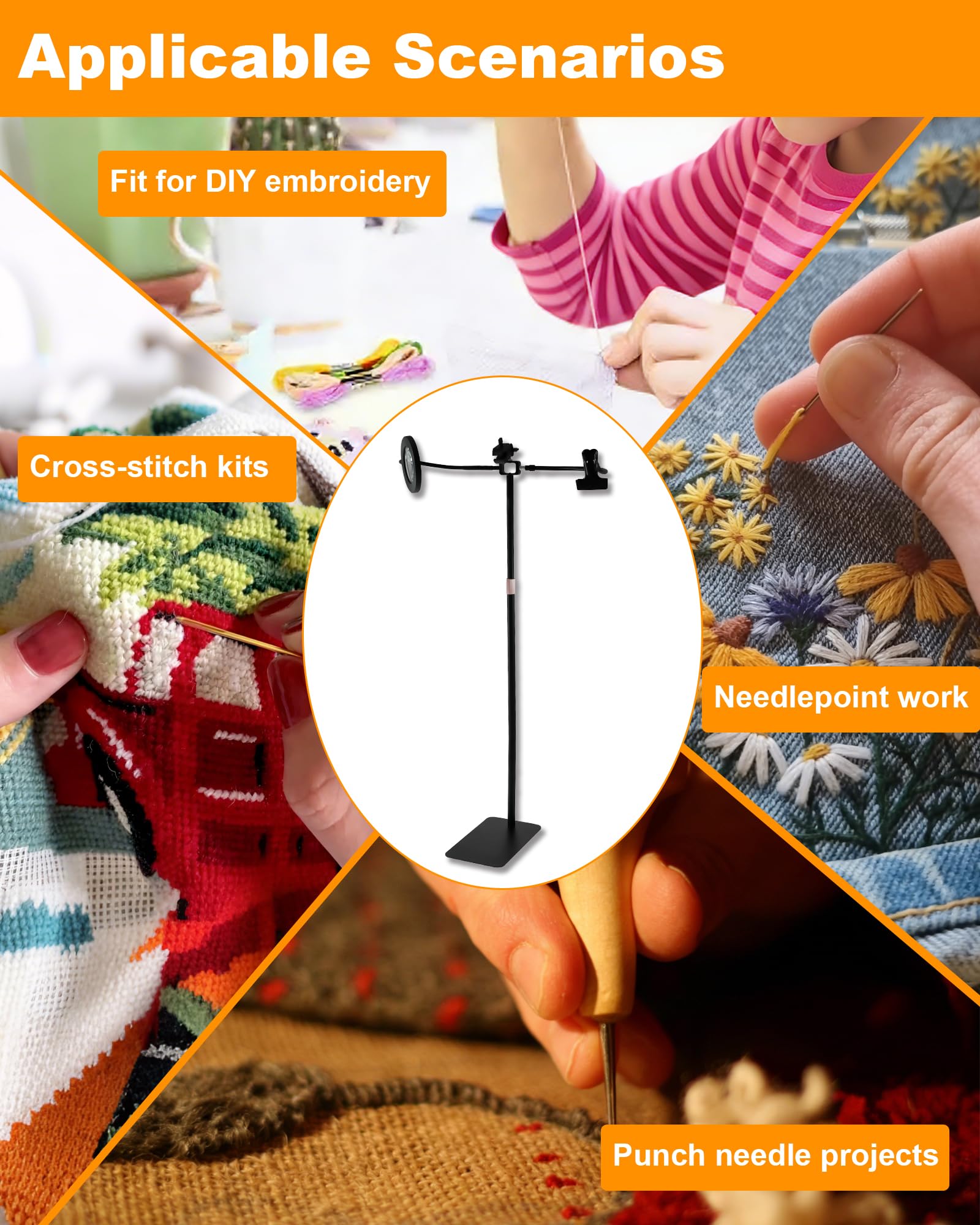 Condition photo showing New/Like New for adjustable embroidery hoop stand, 360° adjustable cross stitch stand, hoop holder, rotating needlepoint include the led light, glass magnifying lens, pattern holder, fit for art craft sewing projects
