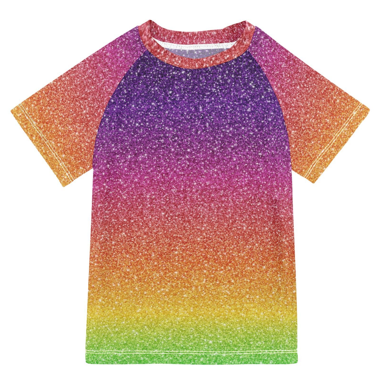 Aflyko Boys Girls Short Sleeve Sun Shirt Glitter Magic Rainbow Rash Guard Swimwear Tops for Kids Spring Vacation Water Park Pool Party Swimming Class Outfit, 11-12T