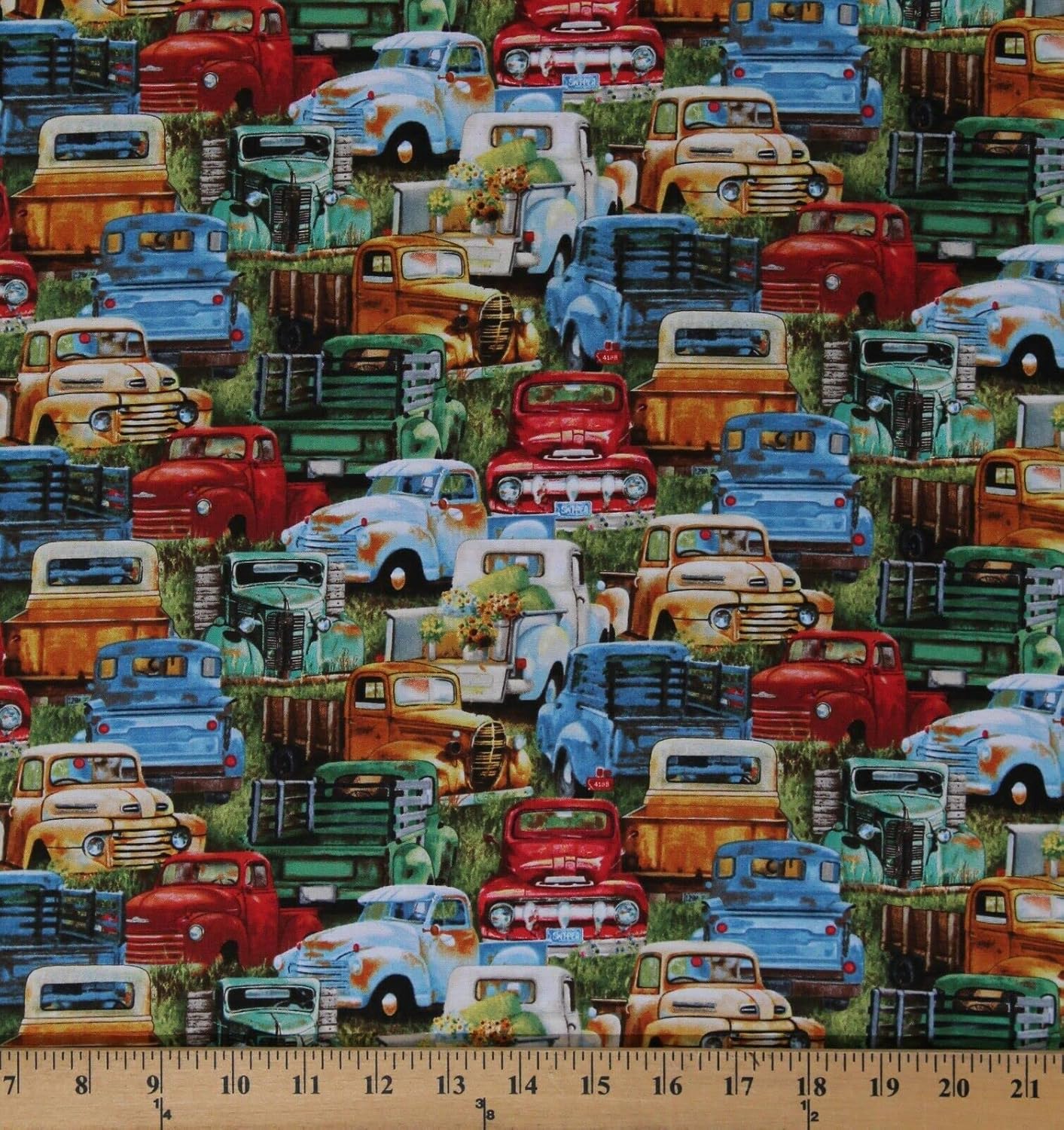 FlashPhoenix Quality Sewing Fabric – 100% Cotton Vintage Trucks Old Vehicles Multi-Color on Fabric Size; 36" x 44" by The Yard