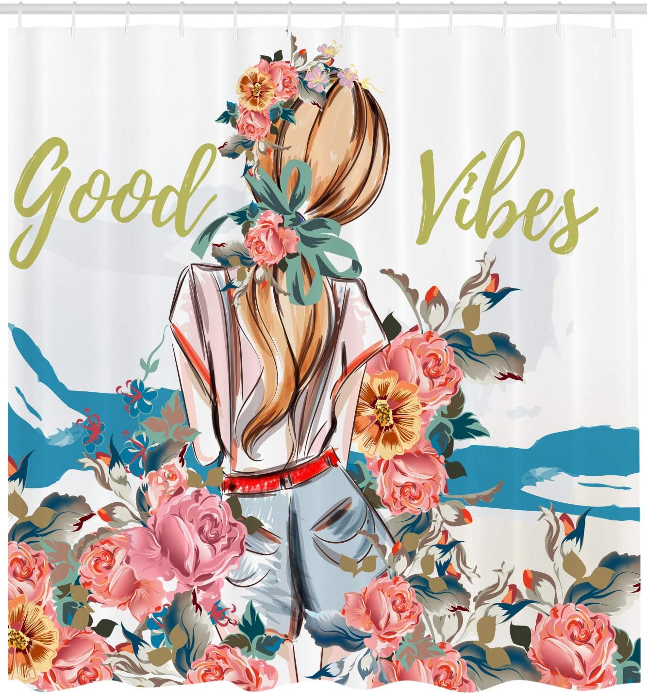 Ambesonne Chill Shower Curtain, Young Girl Standing Back with Flourishing Roses Abstract Floral Feminine, Cloth Fabric Bathroom Decor Set with Hooks, 69" W x 84" L, Salmon Pink Blue