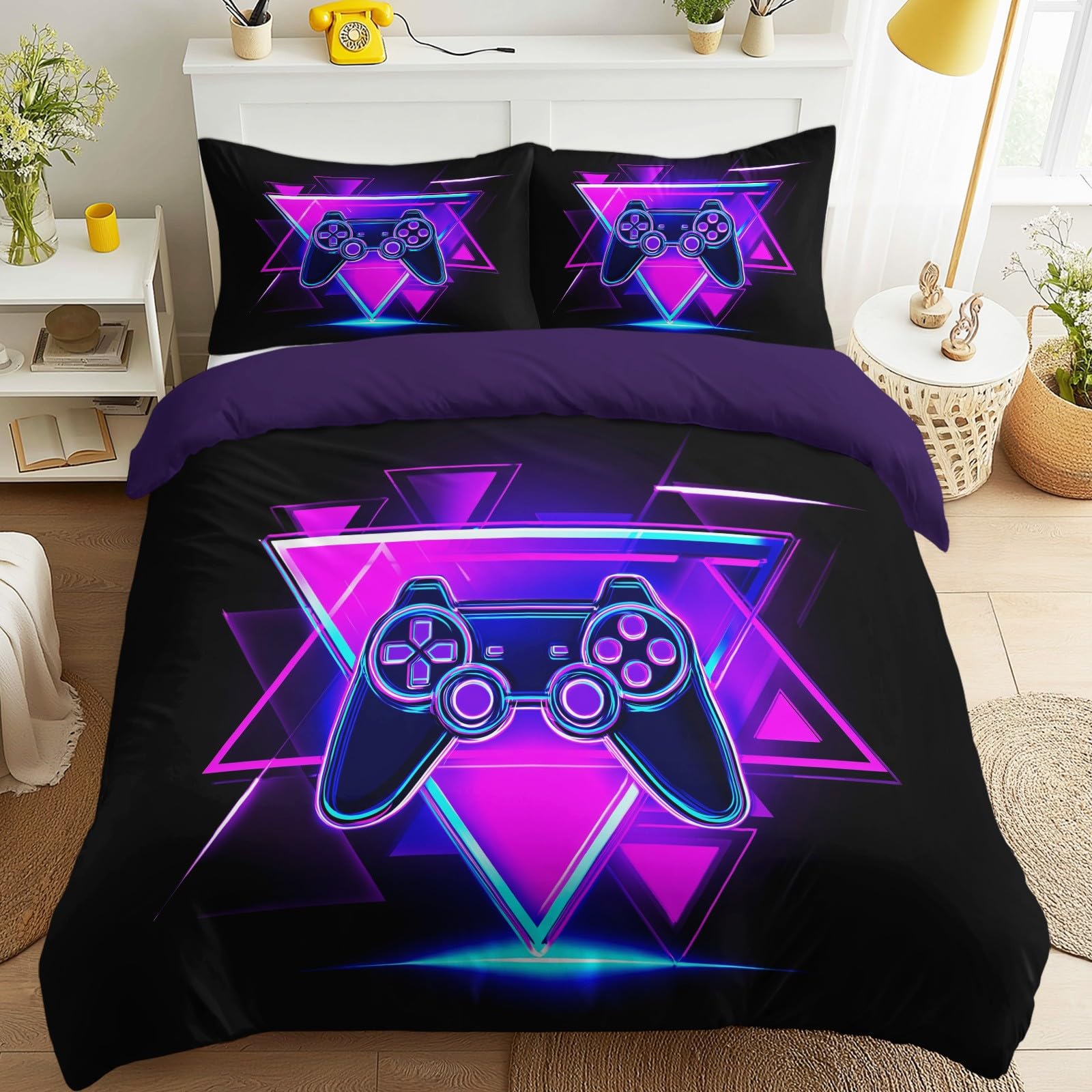 Videogioco Gaming Copripiumino Futuristico Gamepad Neon Geometrico Set da Letto 240 x 220 cm Nero Copripiumino per Ragazzi Ragazze Adolescenti Camera Decorazione con 2 Federe