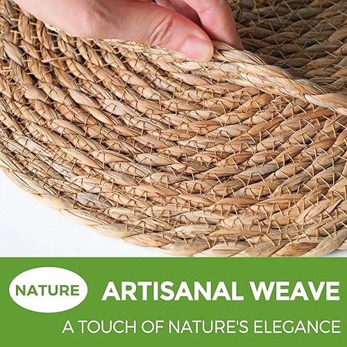 Miniatura 9 de Juego de 6 manteles individuales redondos tejidos de 12.5 pulgadas, manteles individuales de ratán natural, cargadores bohemios para platos de cena,