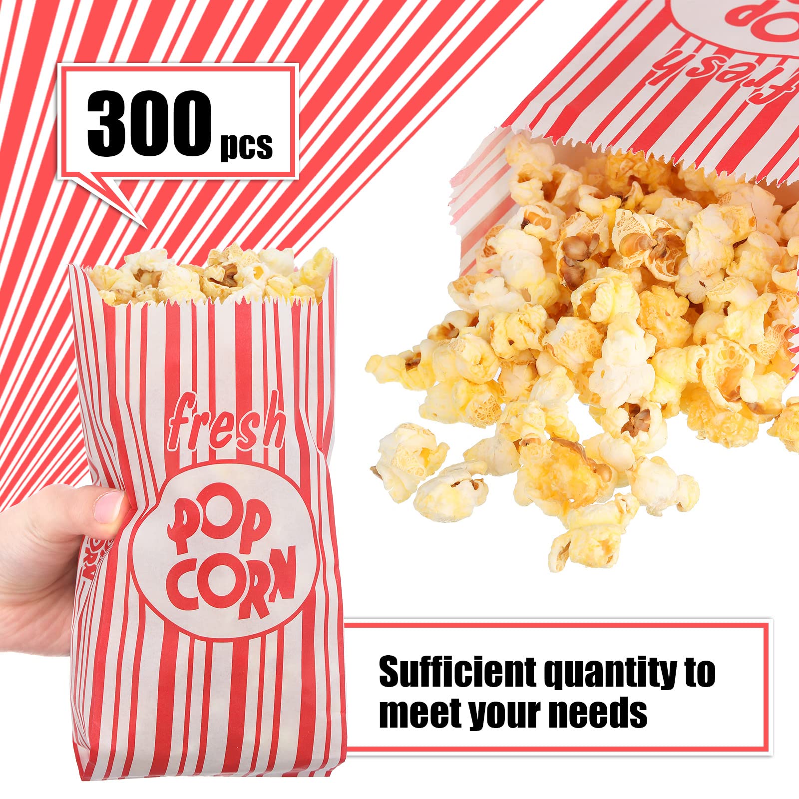 GOEDCH Sacs à Pop-corn: 300 Sachets à Pop-corn Rayés Rouges