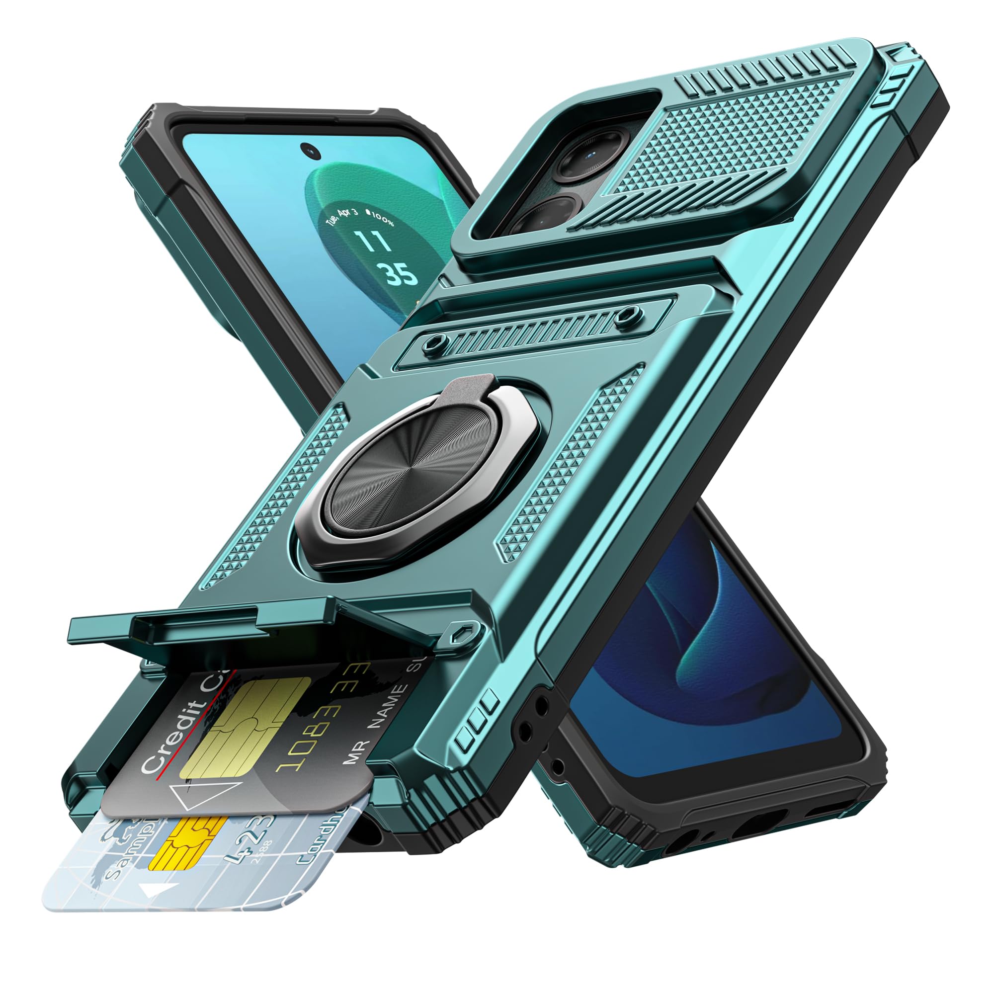 Vofolen for Motorola Moto G 5G 2024 Case with Card Holder [Store 2 Cards] + 360° Magnetic Rotated Ring Kickstand Dual Layer Heavy Duty Shockproof Wallet Phone Case for Moto G 5G 2024, Green