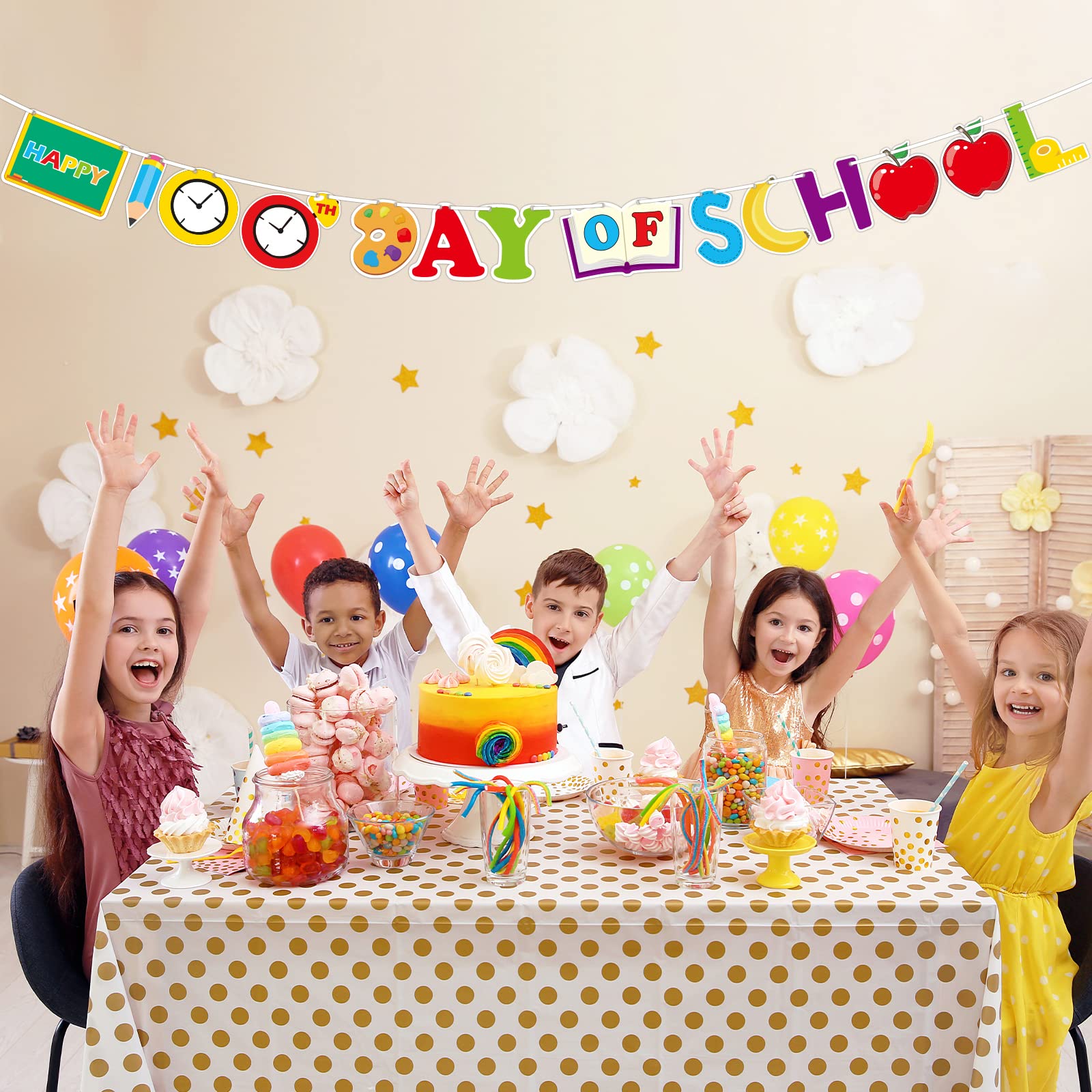 Lecheme 100th Day Of School Banner - 8x1.6 Ft Colorful Polyester Yard Banner For Classroom & Outdoor Decor