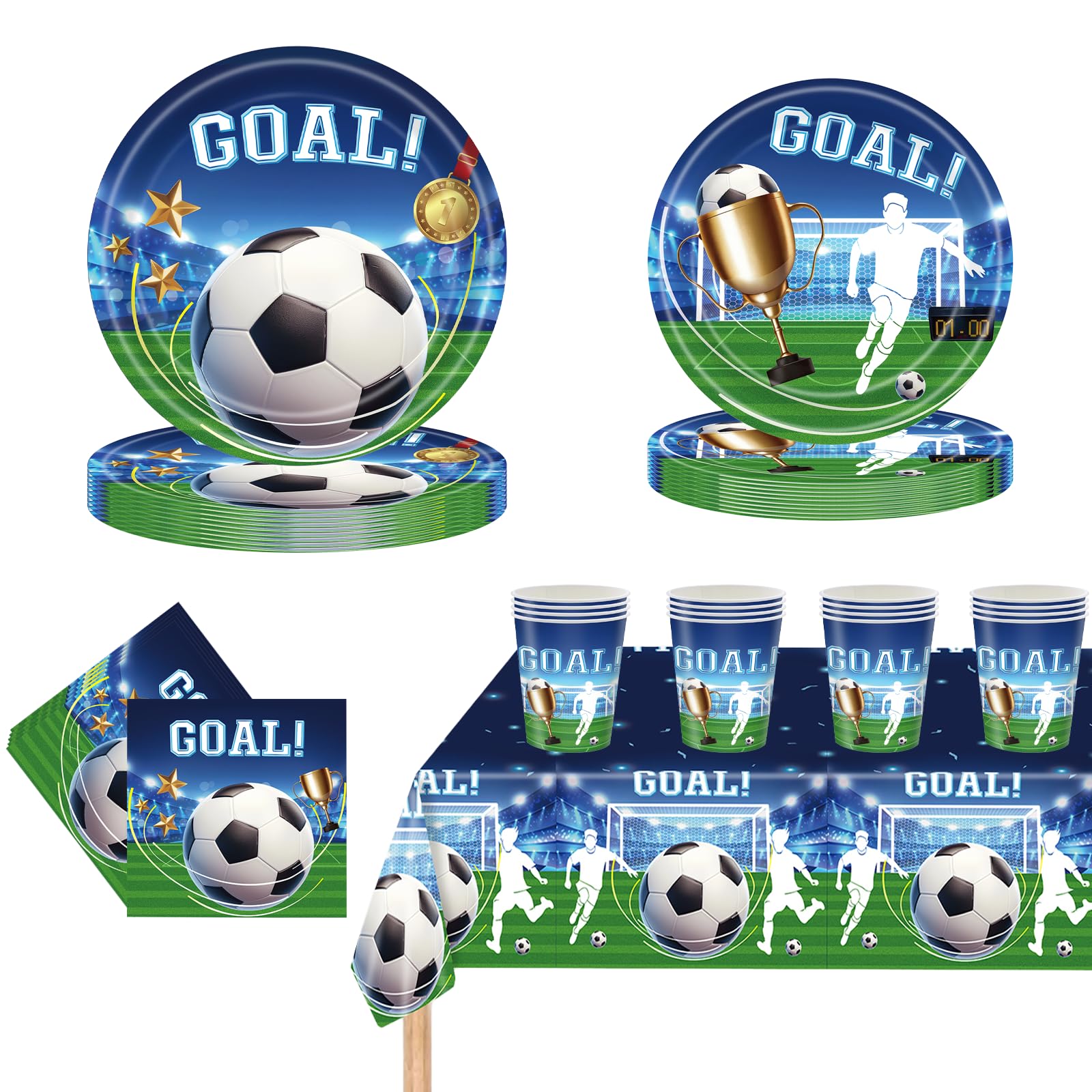 POPOYU 69 Pcs Football Party Tableware Set,World Cup Football Party-Themed Tableware,Football Party Plates,Table Cloth,Napkins,Cups,Soccer Birthday Decorations for Football Theme Birthday Decorations