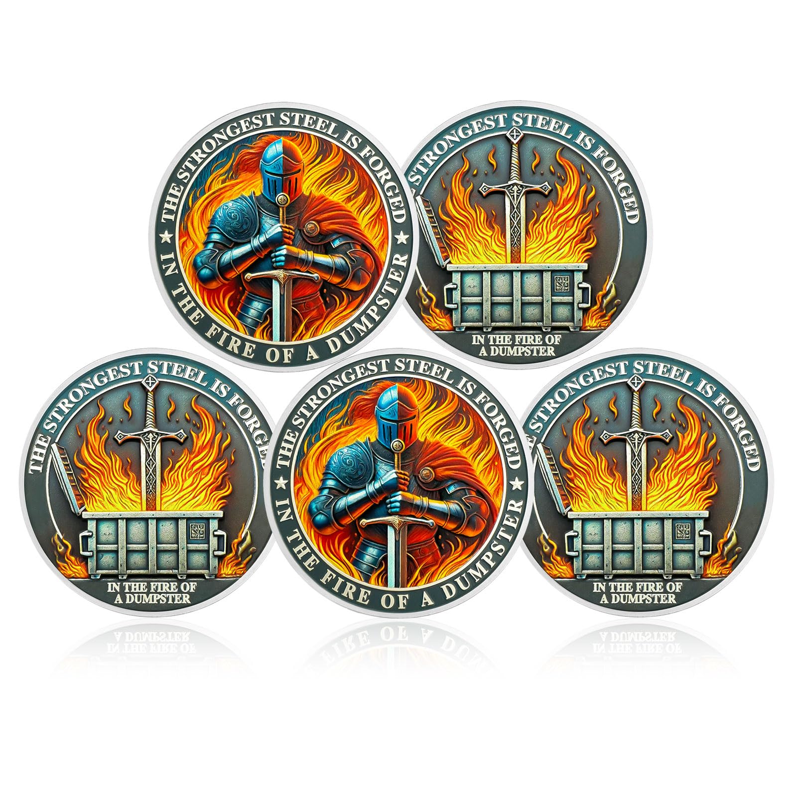 CHURYUML 5Pcs The Strongest Steel Dumpster Fire Coin Set Knight Motivational Medallions for Staff Appreciation Gifts Funny Office Gifts for Colleagues Humorous Office Decor Encouragement Gifts