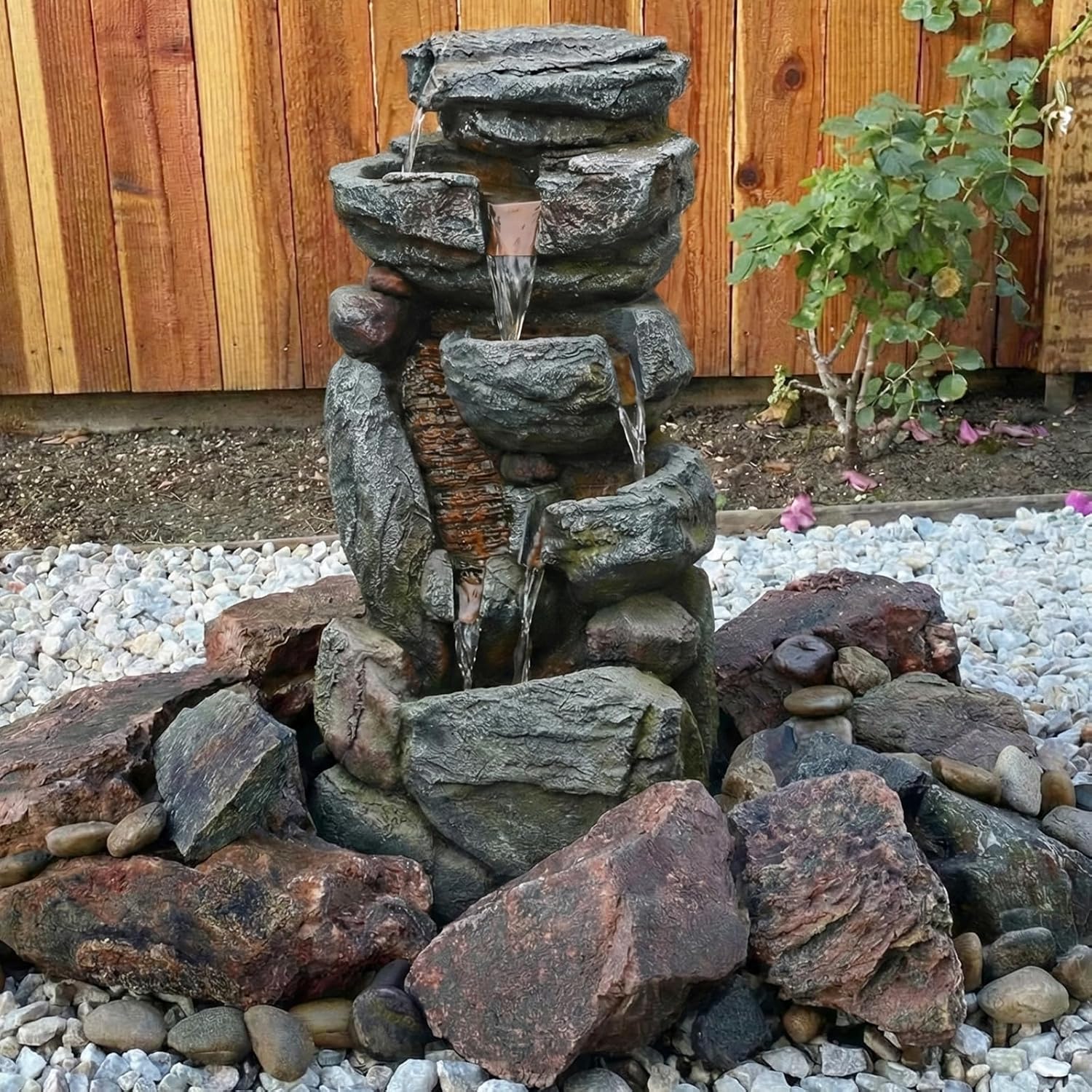 The 5-Tiered Rock Water Fountain Outdoor&Indoor, 31.5’’H Floor-Standing Garden Fountains, Stone Feature and Waterfall with Lights for Patio, Backyard, Deck, Porch, Home DéCor, Gray