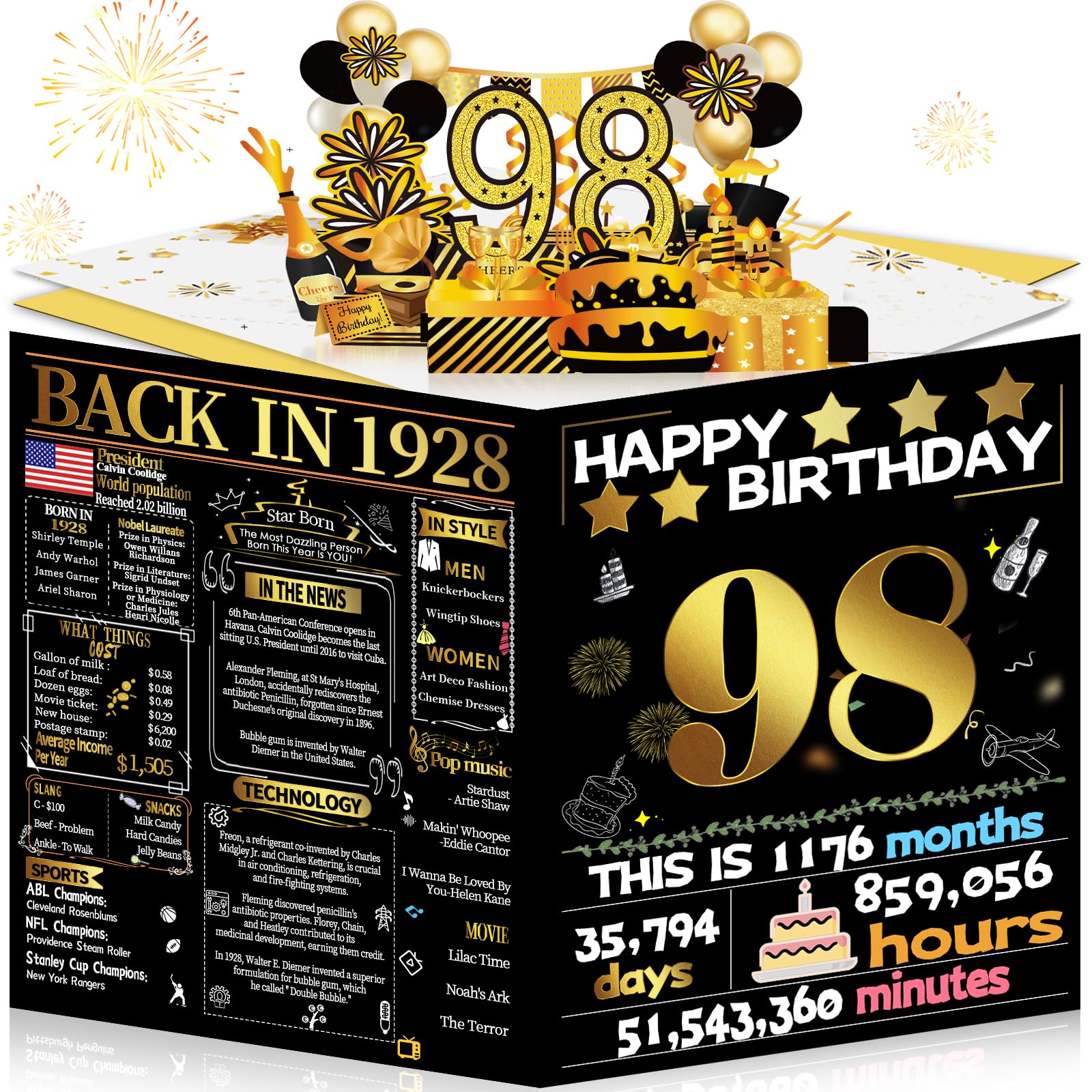 Joycard 98th Birthday Card for Women Men, 3D Pop Up Happy Birthday Gift for Grandpa Grandma, Funny 98 Year Old Birthday Decorations for Mother Dad, Back in 1928 Laser Gold Retro Theme