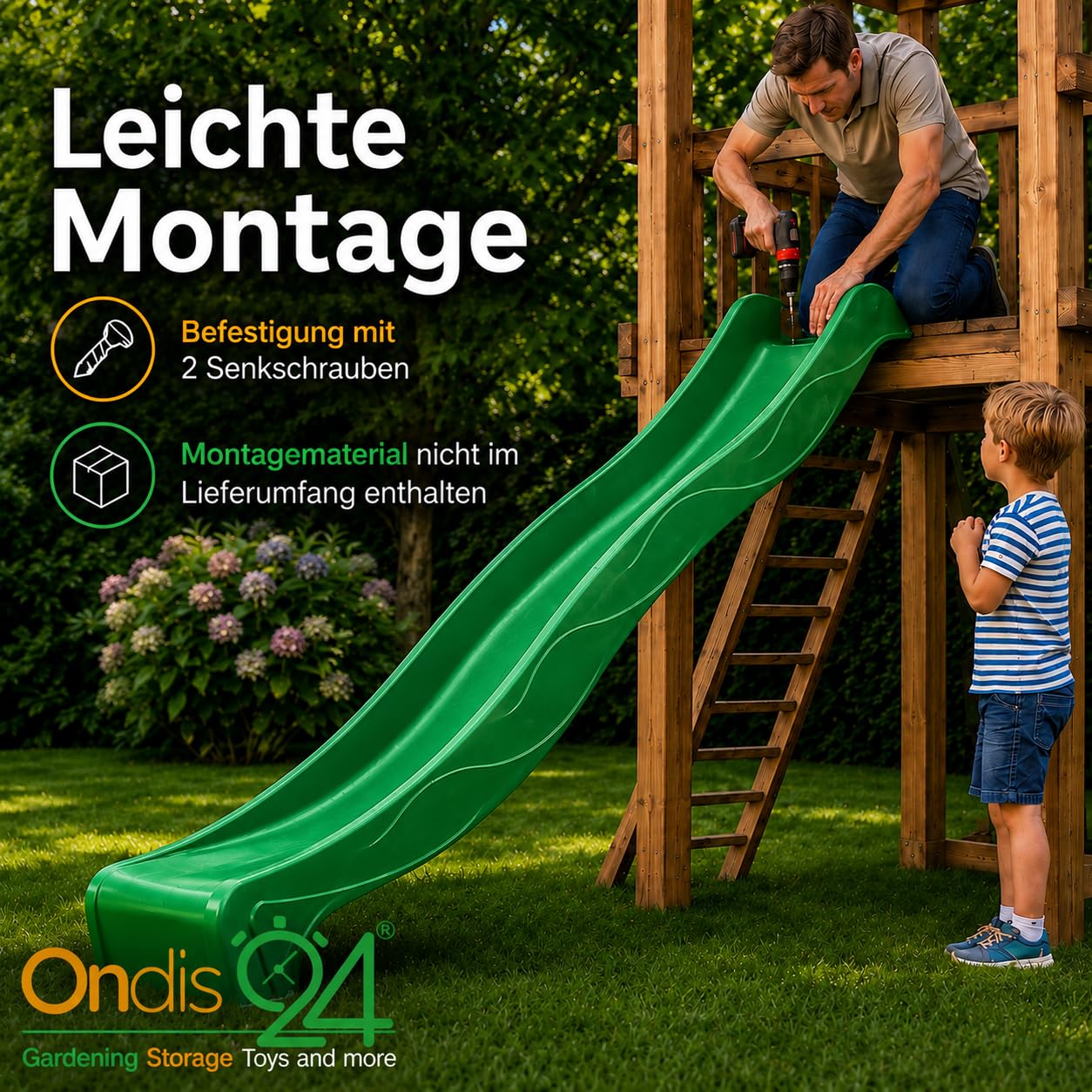 Ondis24 Toboggan à vagues de 3 m pour enfant - Toboggan aquatique pour tour de jeu ou pente à partir de 3 ans (300 cm, vert)